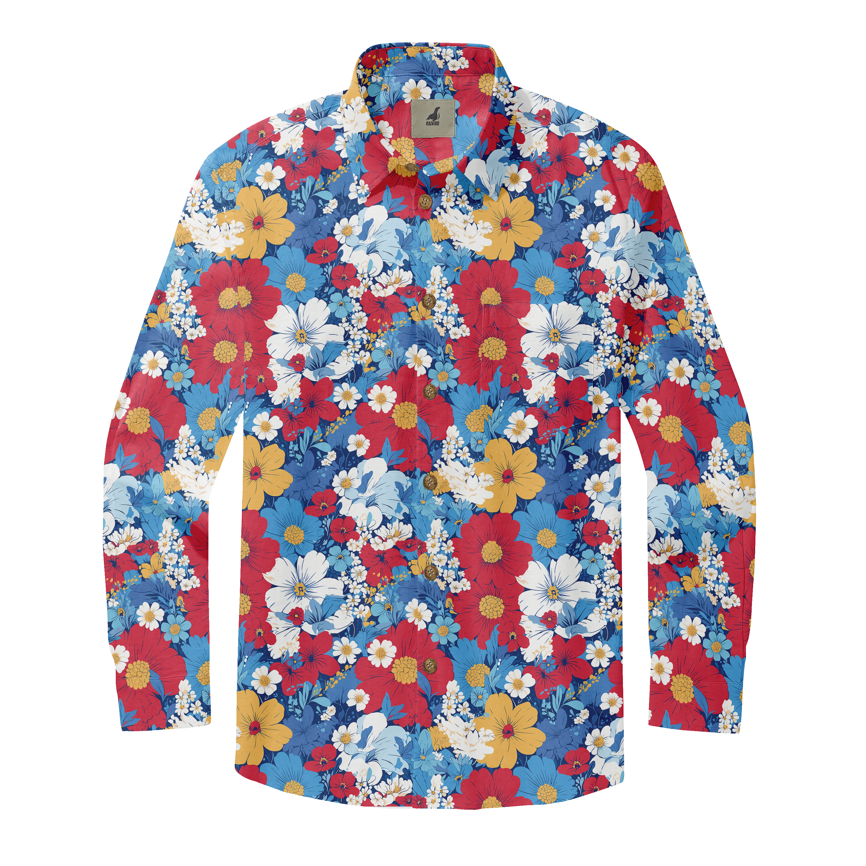 Vibrant floral long-sleeve shirt with red, blue, yellow, and white.
