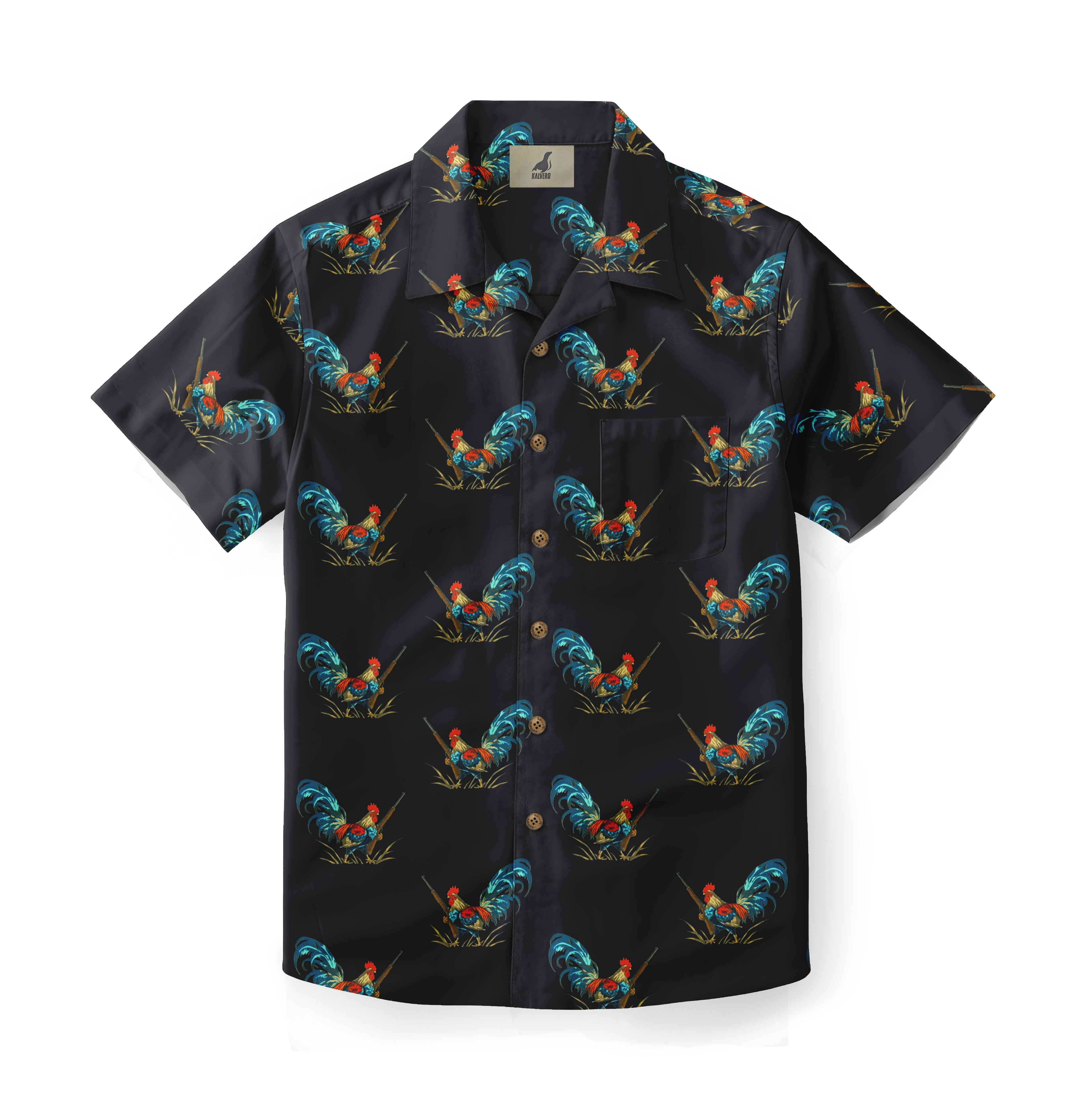 Black short-sleeve shirt with colorful rooster print, button-down.