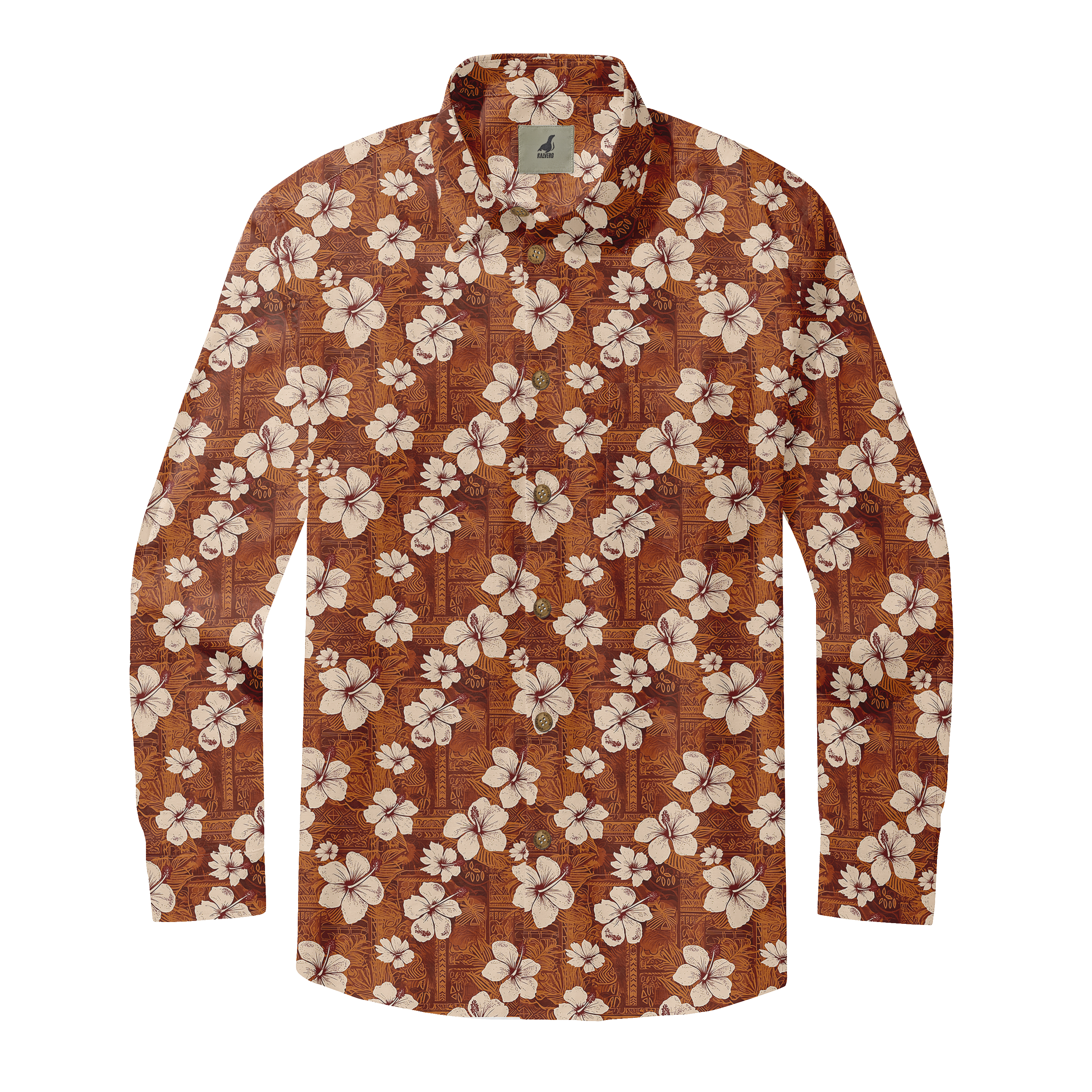 Brown shirt with white floral pattern and buttons.