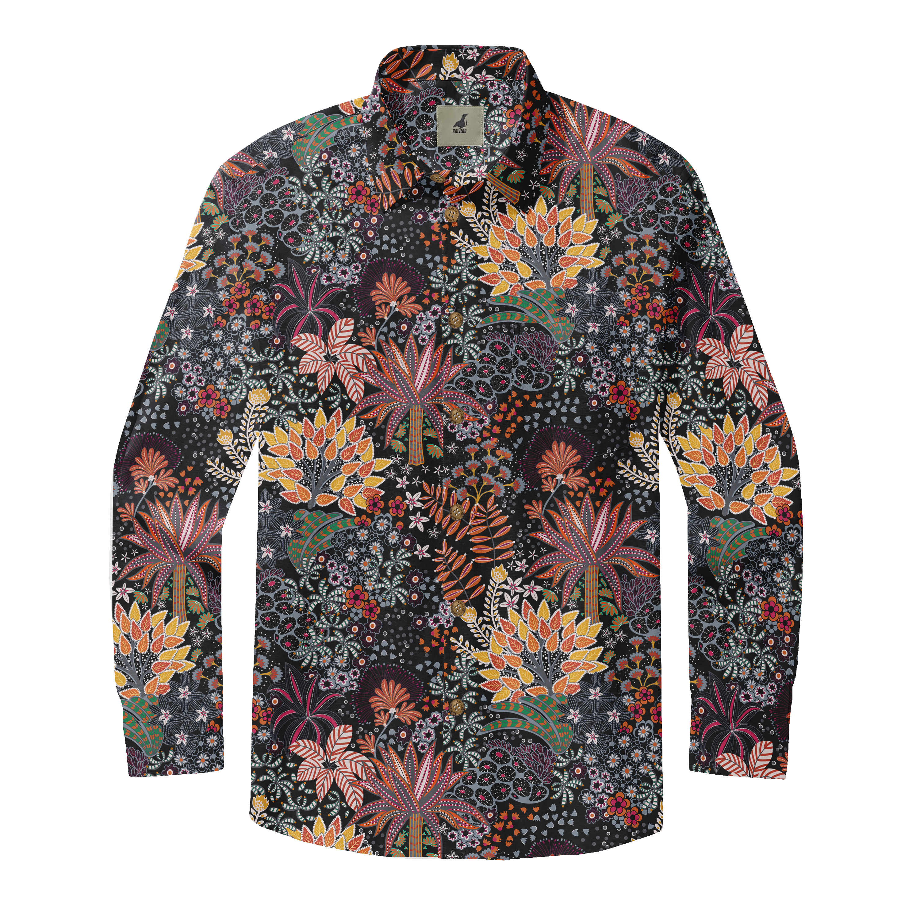 Black shirt with colorful floral and leaf patterns.