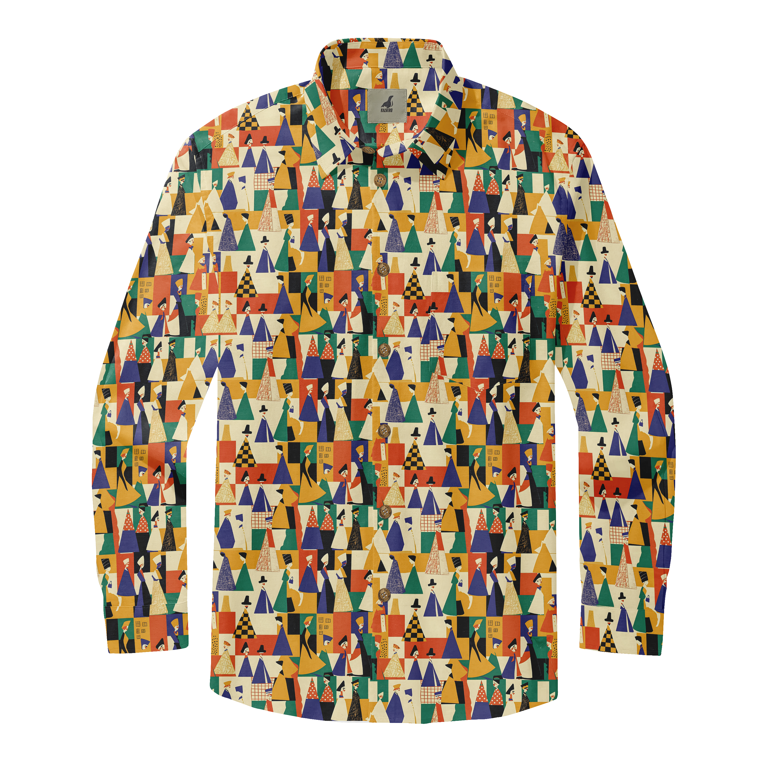 Colorful patterned shirt with geometric shapes and stylized figures.
