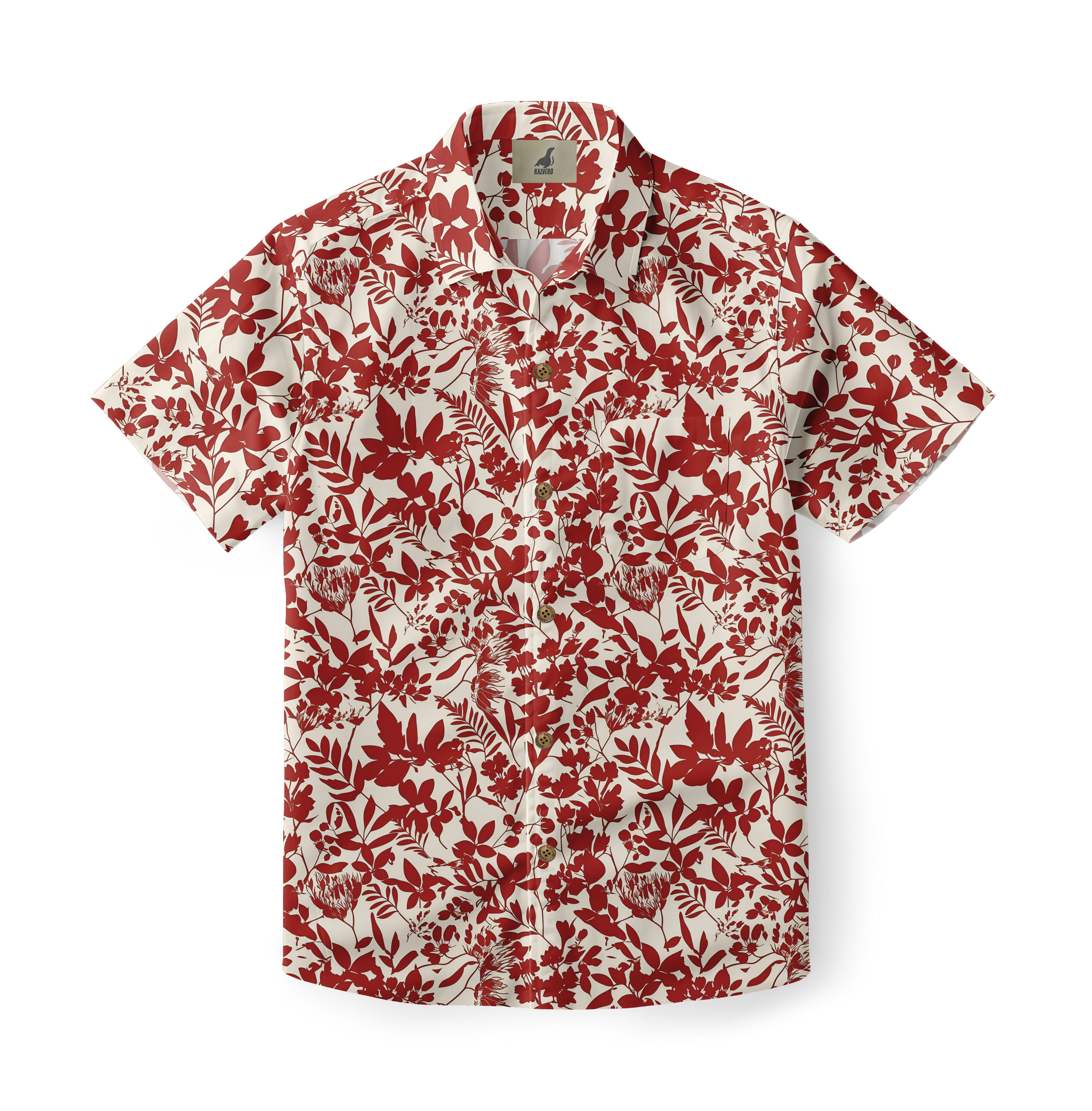 Red floral print short-sleeve shirt on white background.