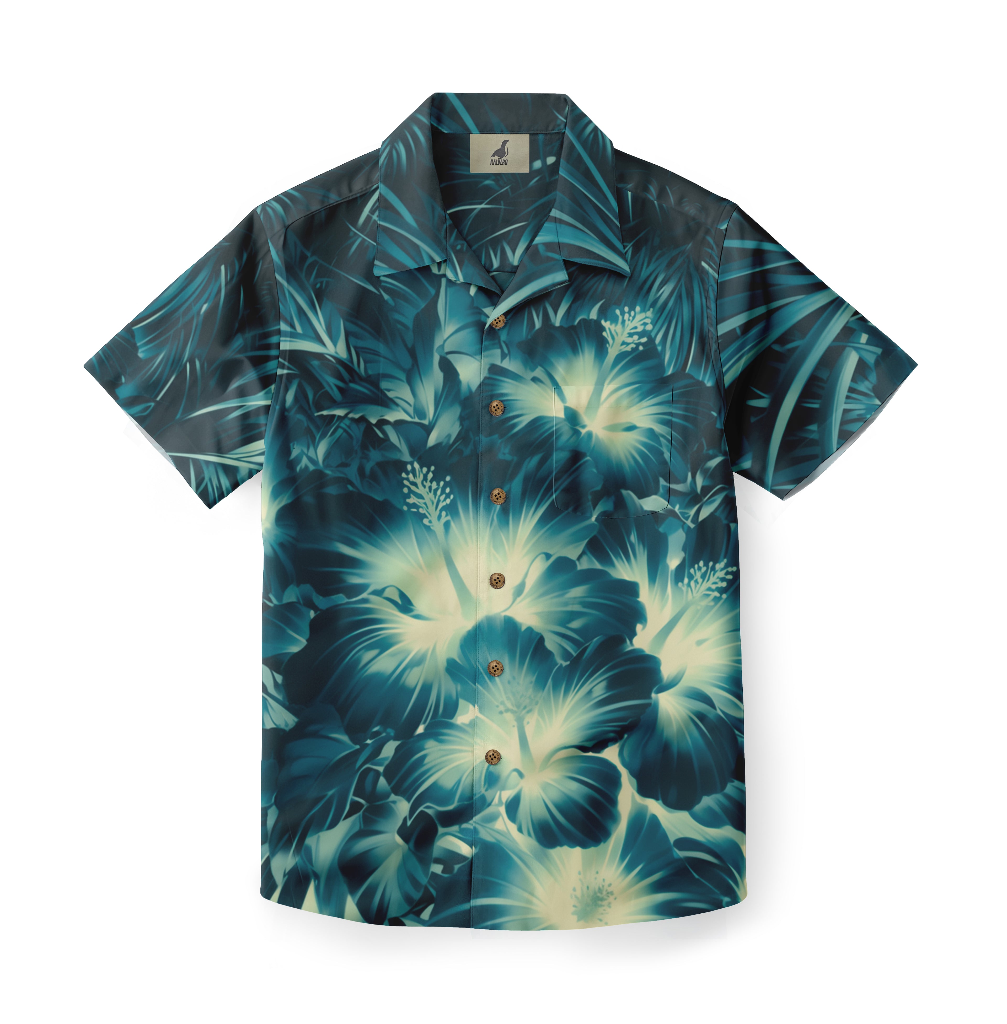 Blue tropical floral short-sleeve shirt with wooden buttons.
