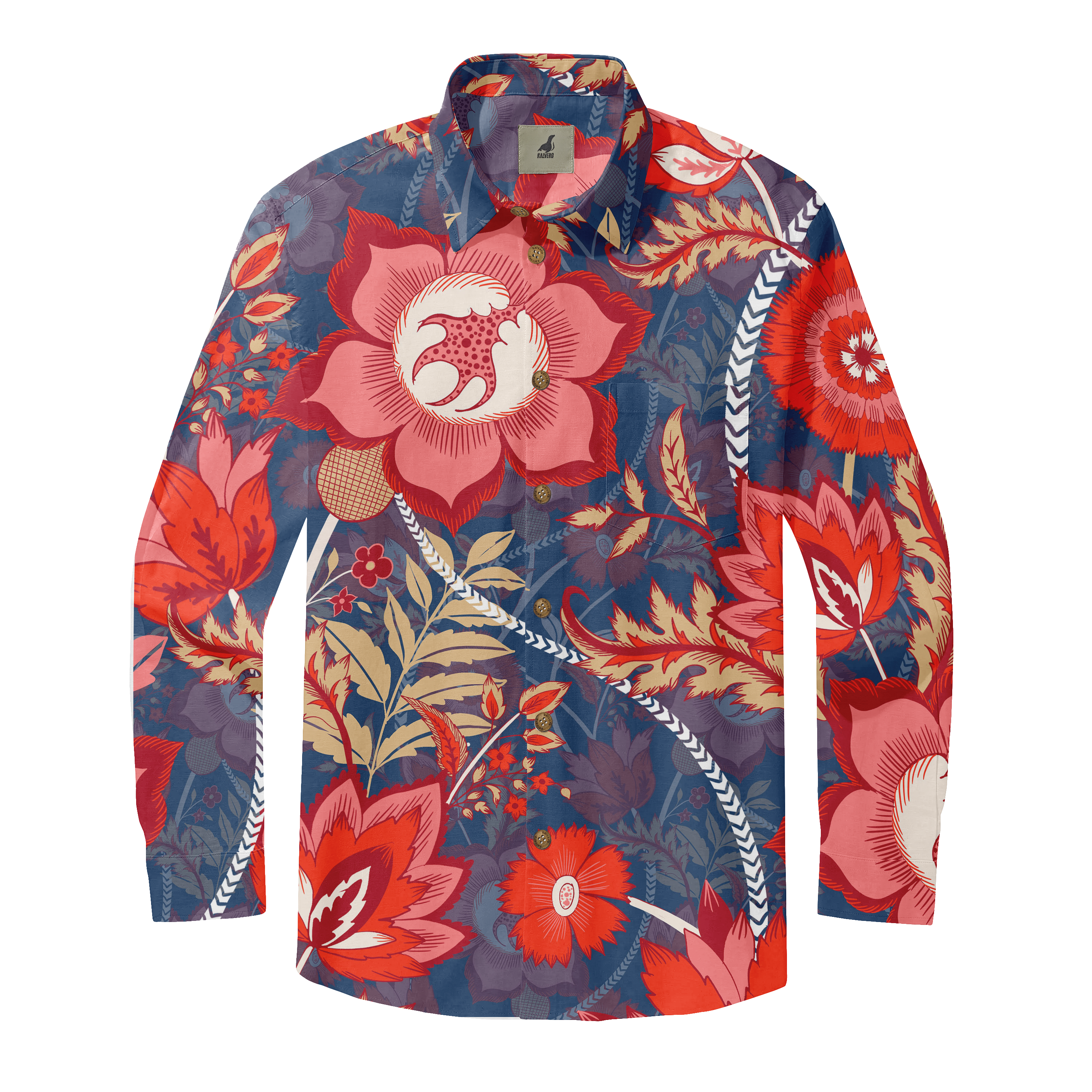 Vibrant floral shirt with bold red and pink flowers on a dark blue.