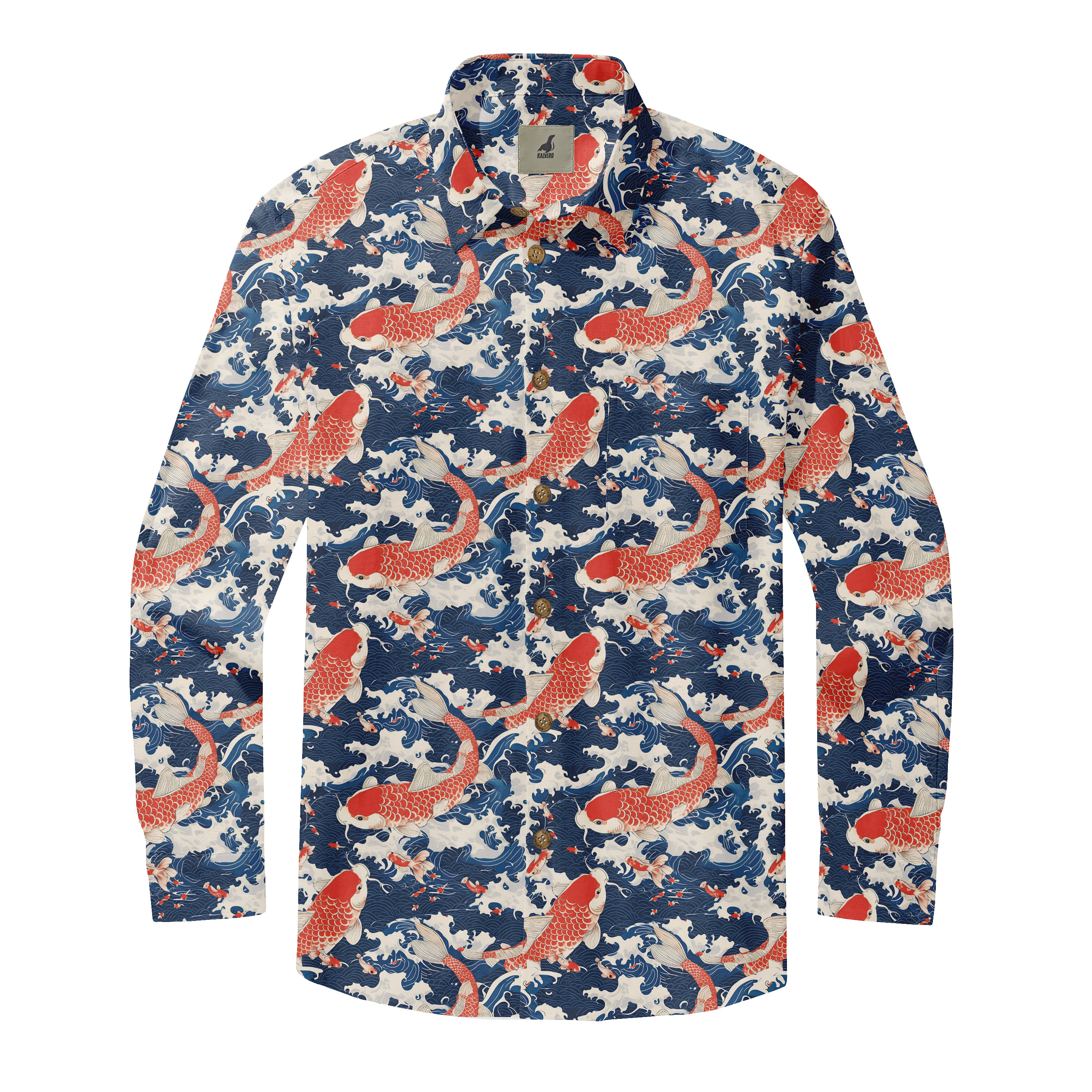 Blue shirt with red koi fish and white waves pattern.