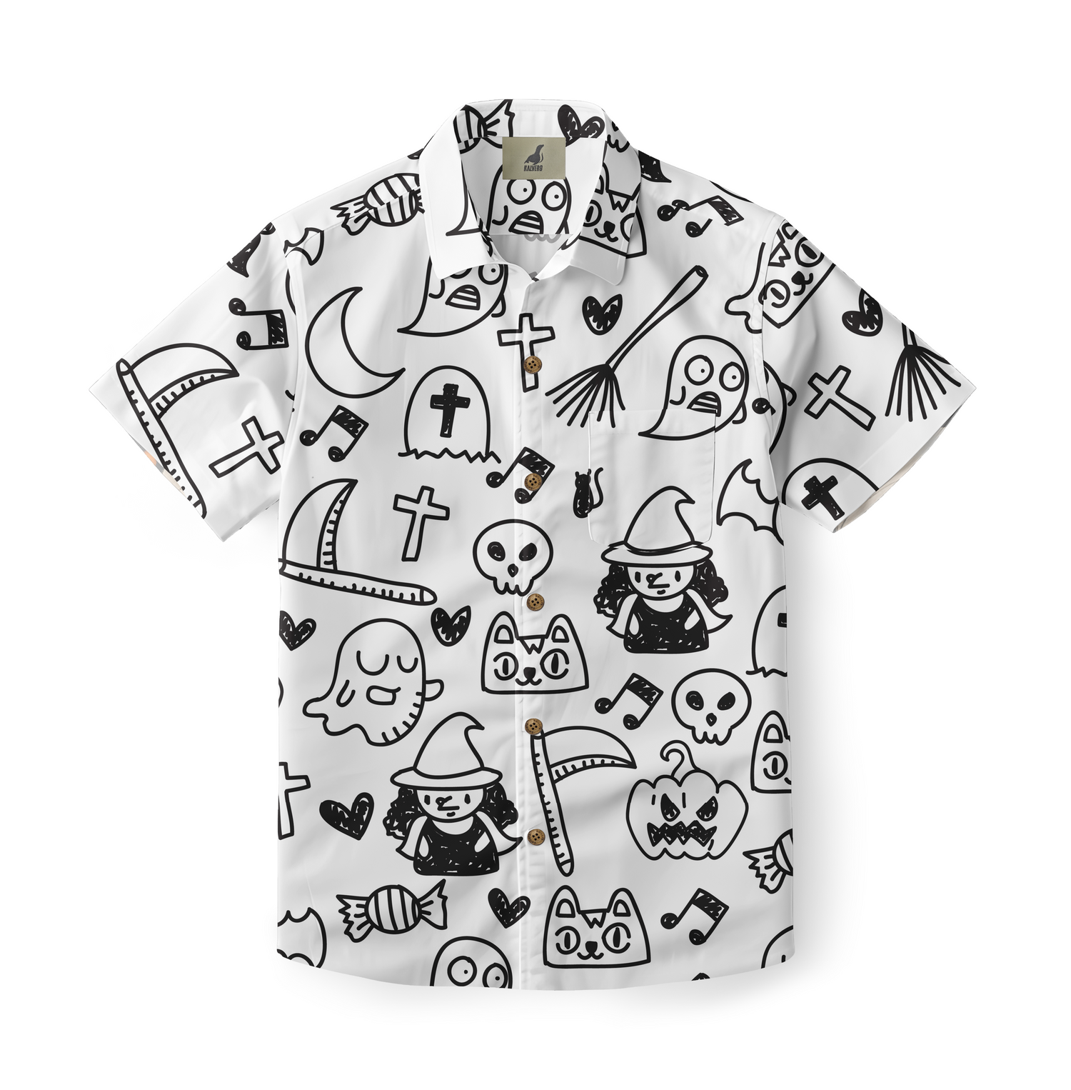 White short-sleeve shirt with black Halloween-themed doodles.