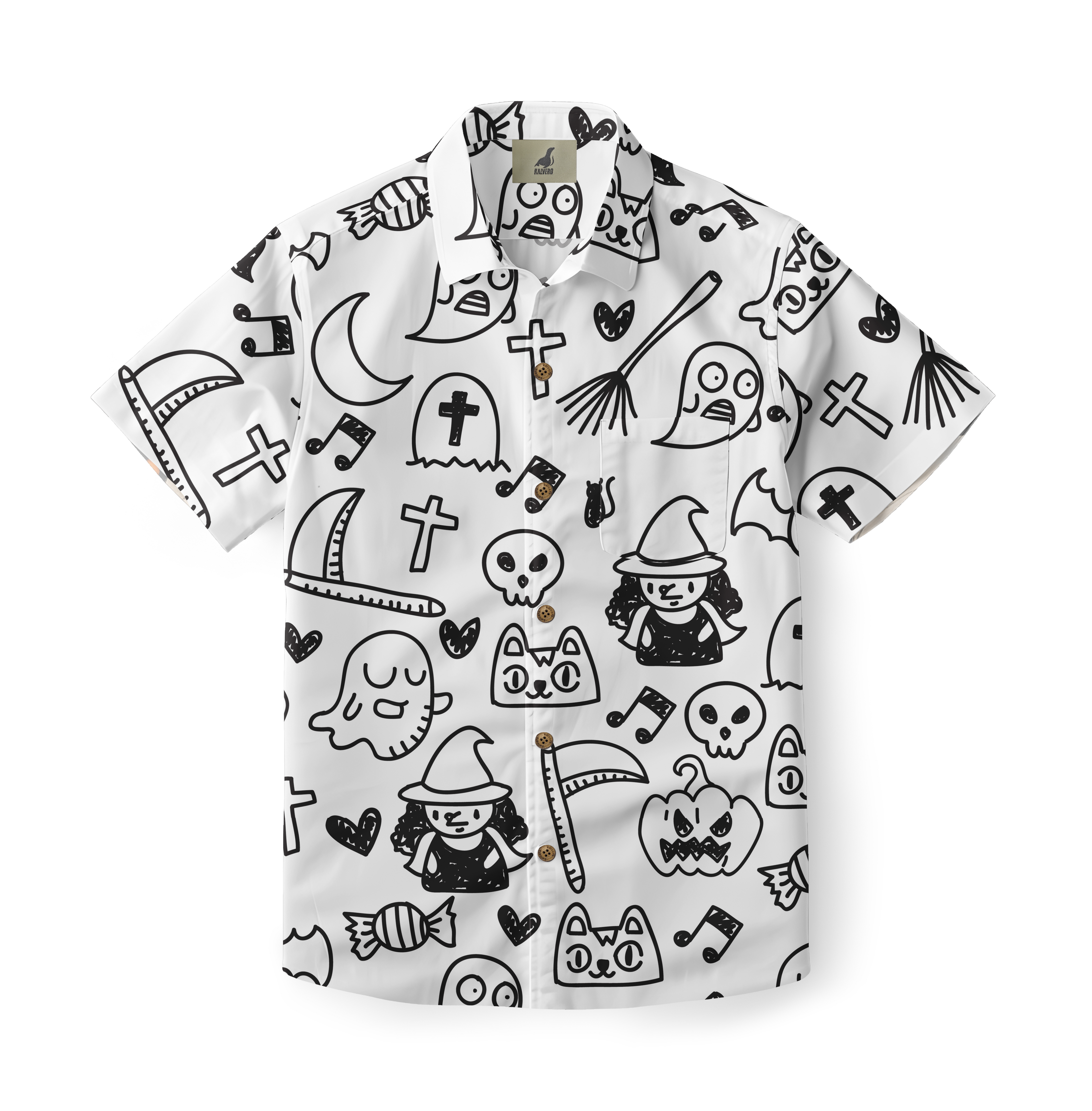 White short-sleeve shirt with black Halloween-themed doodles.
