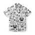 White short-sleeve shirt with black Halloween-themed doodles.