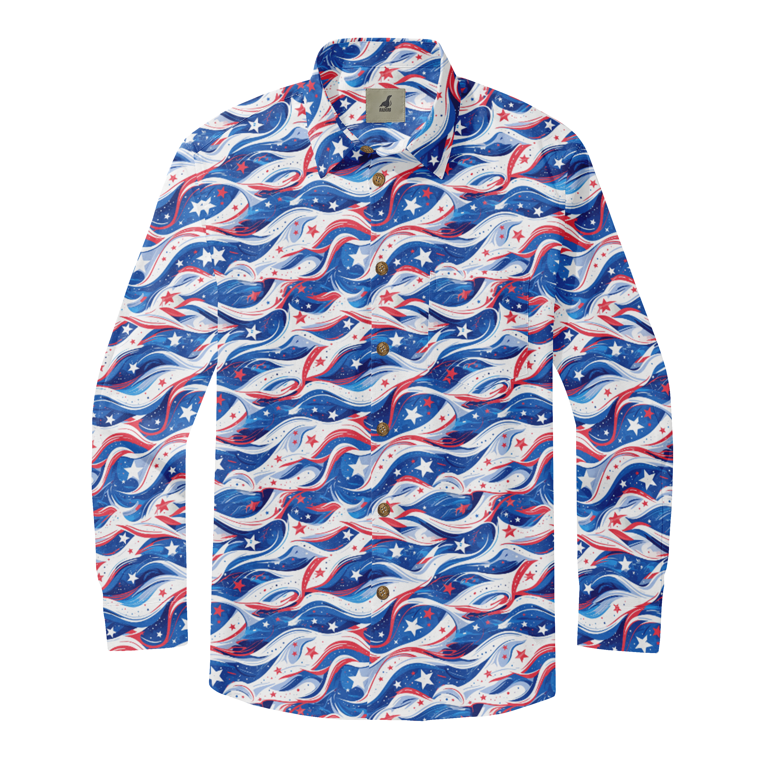 Patriotic long-sleeve shirt with red, white, and blue wavy pattern.