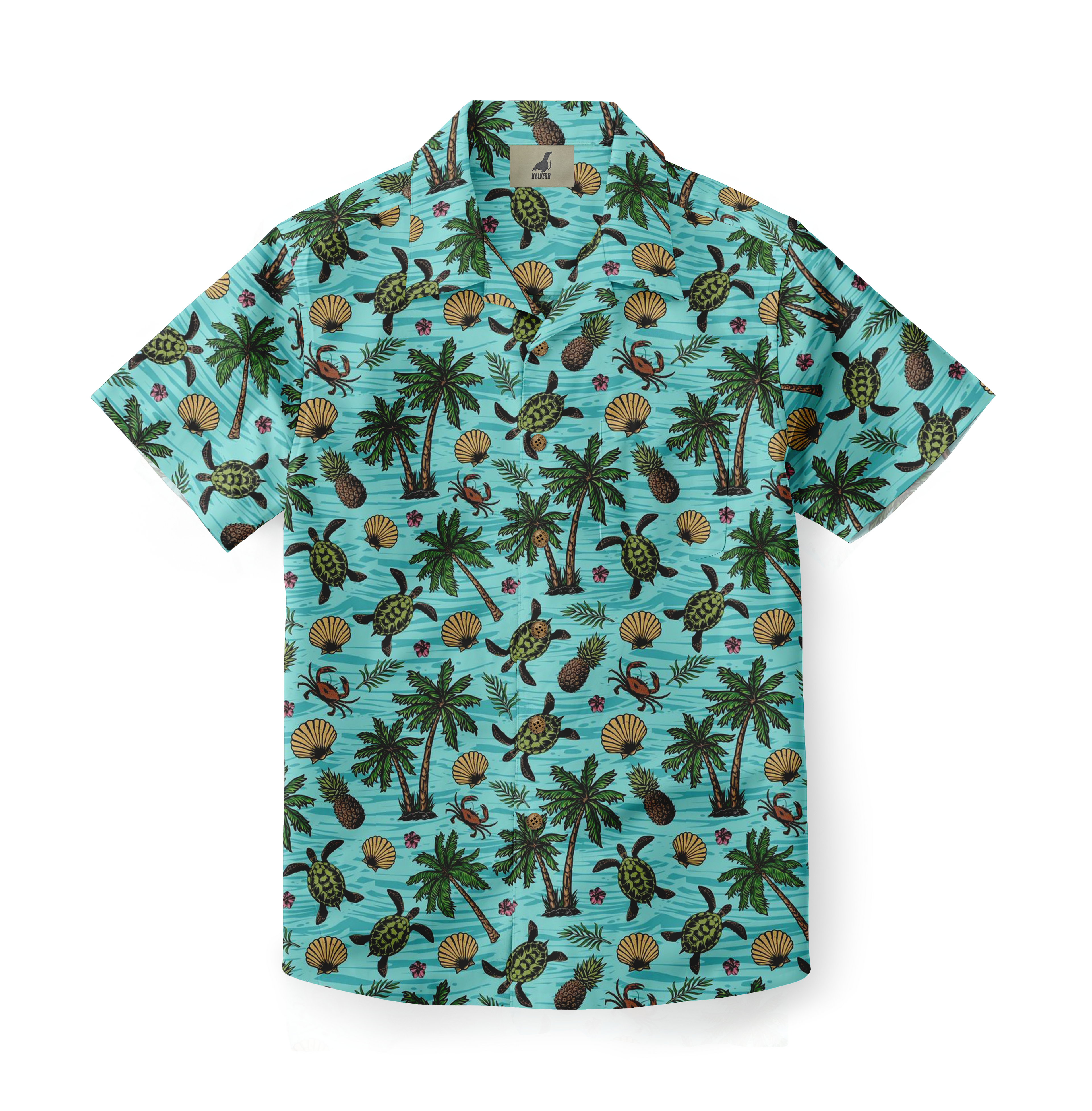Blue shirt with turtles, palms, shells, and crabs pattern.