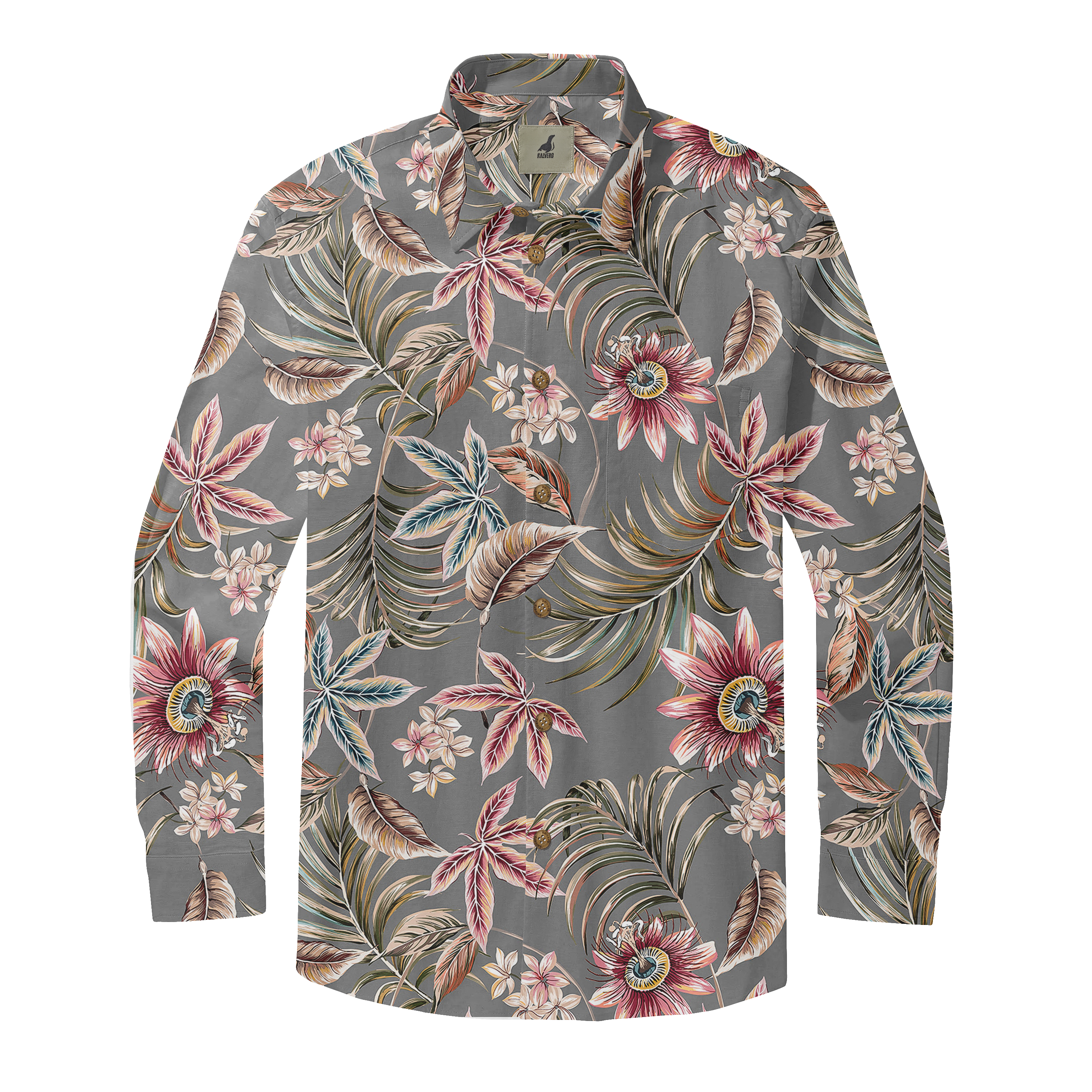 Gray long-sleeve shirt with vibrant tropical floral and leaf pattern.