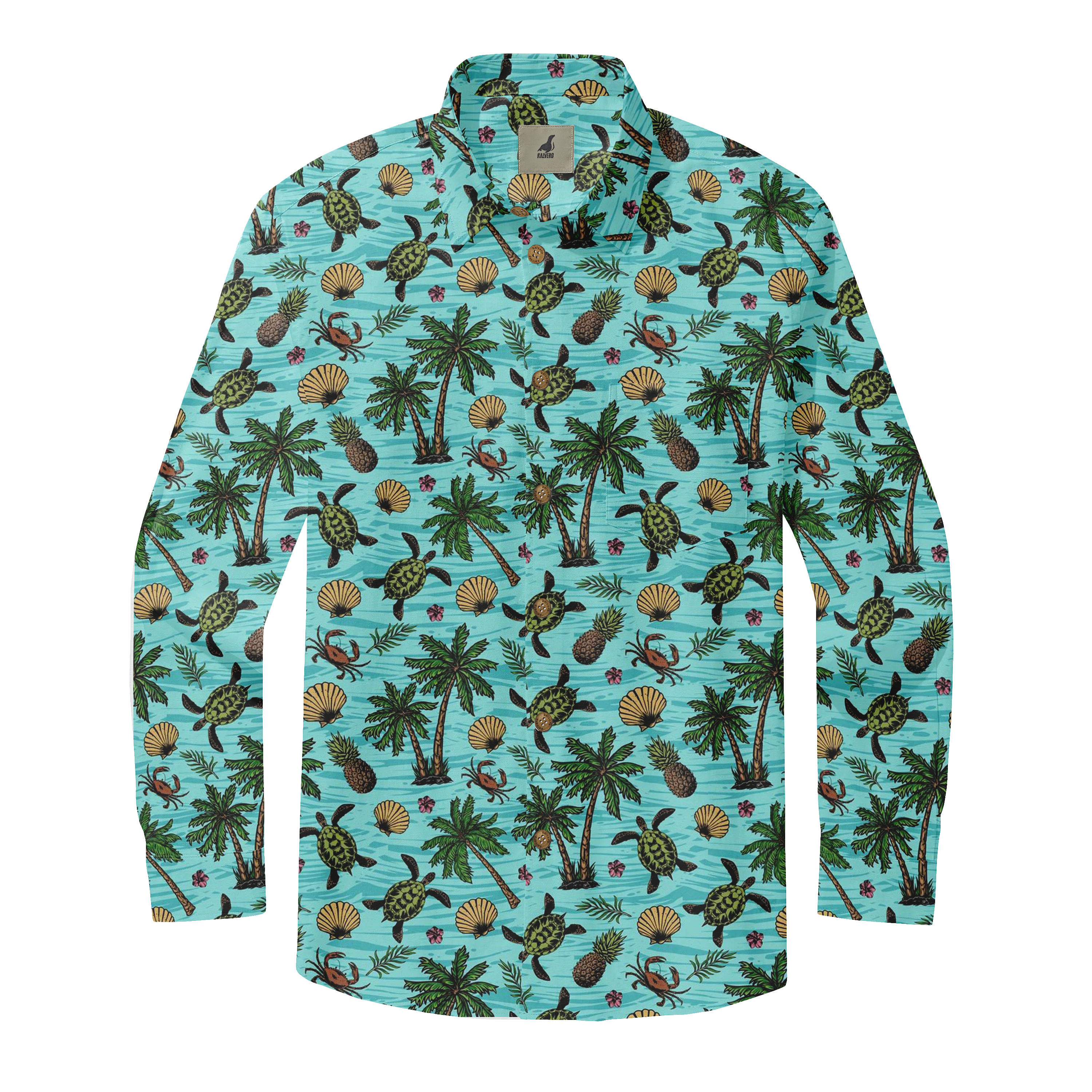 Tropical long-sleeve shirt with turtles, palm trees, pineapples.