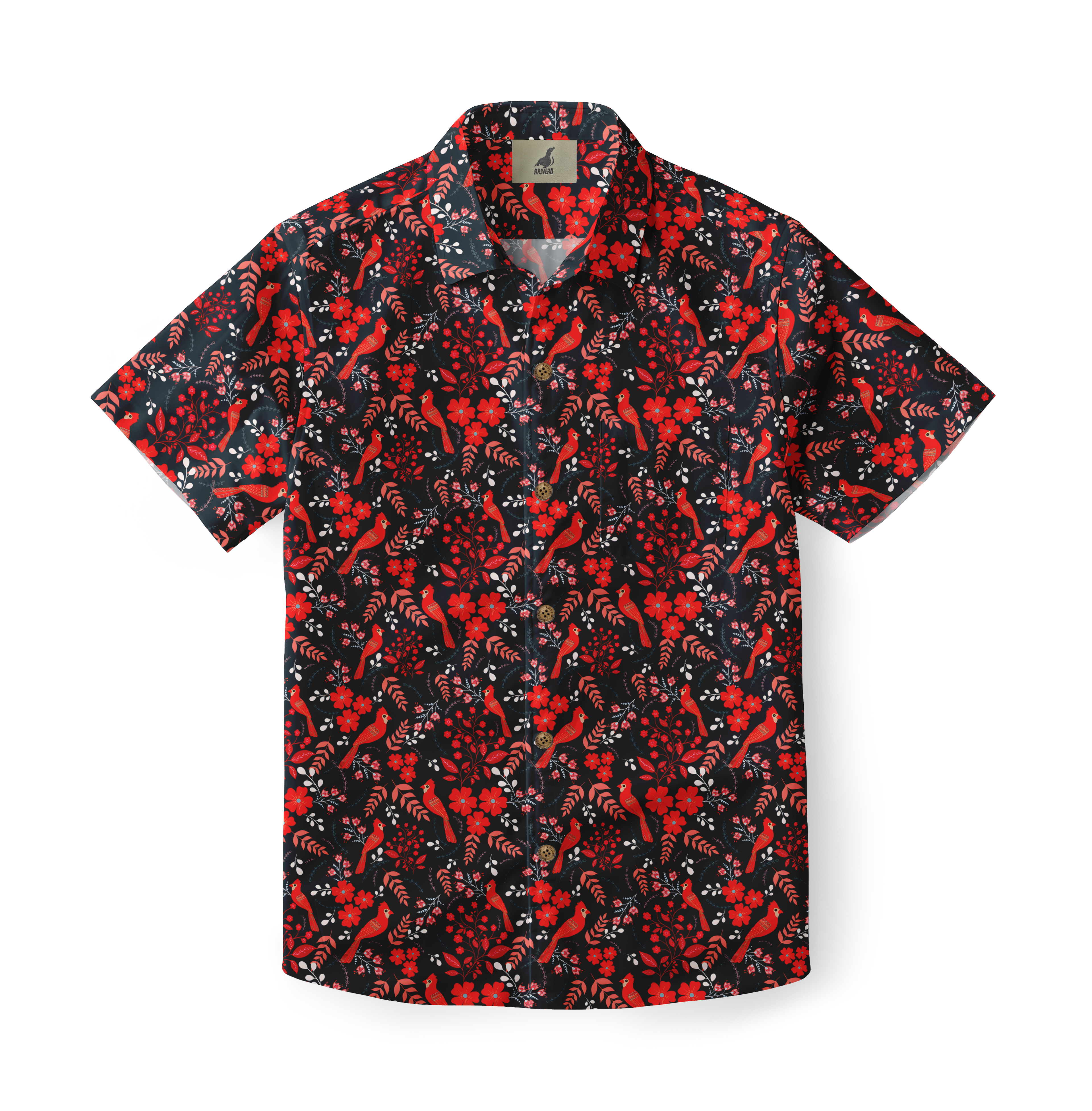 Black short-sleeve shirt with red birds, flowers, and leaves pattern.