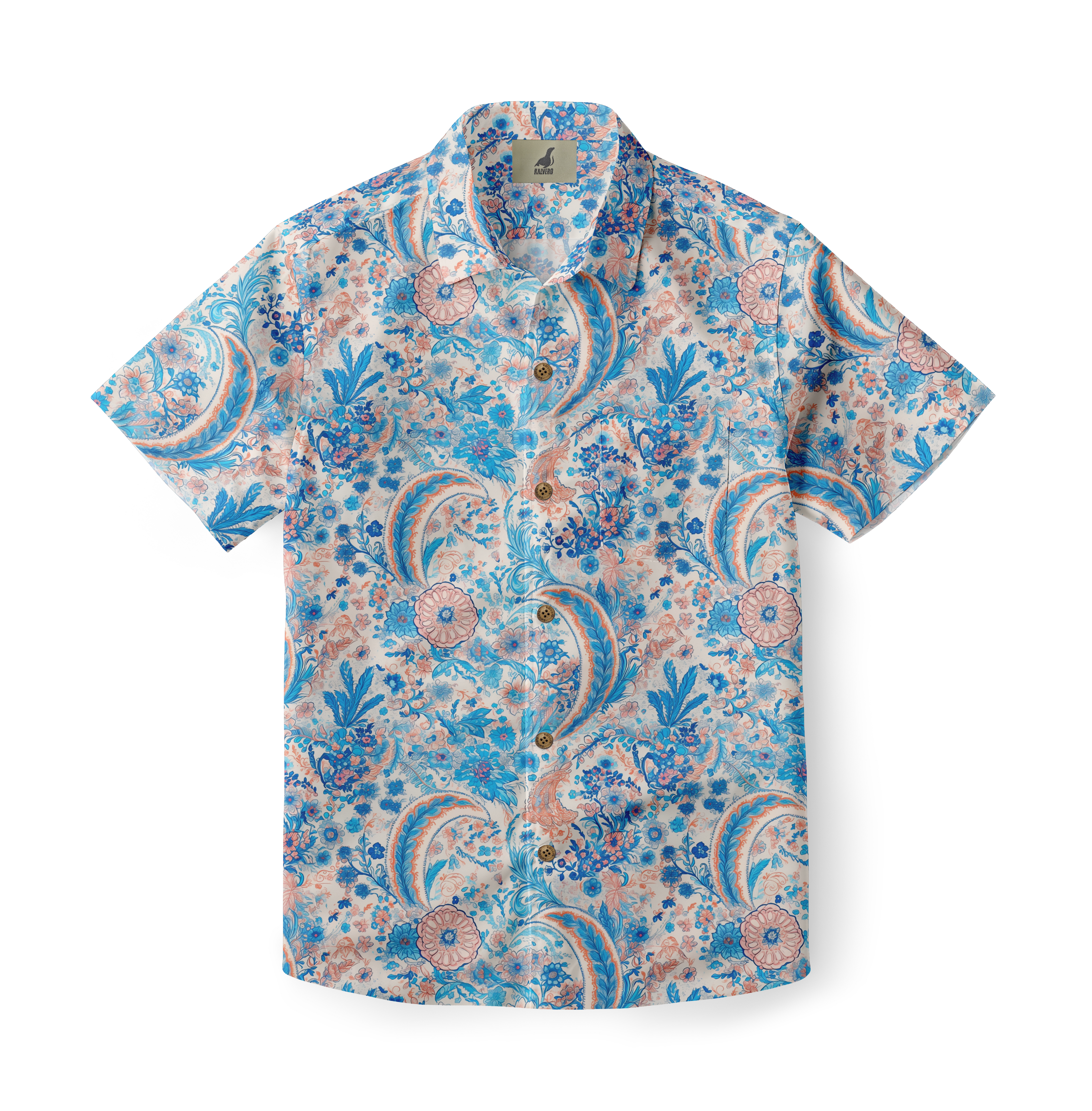 Colorful floral short-sleeve shirt with paisley patterns.