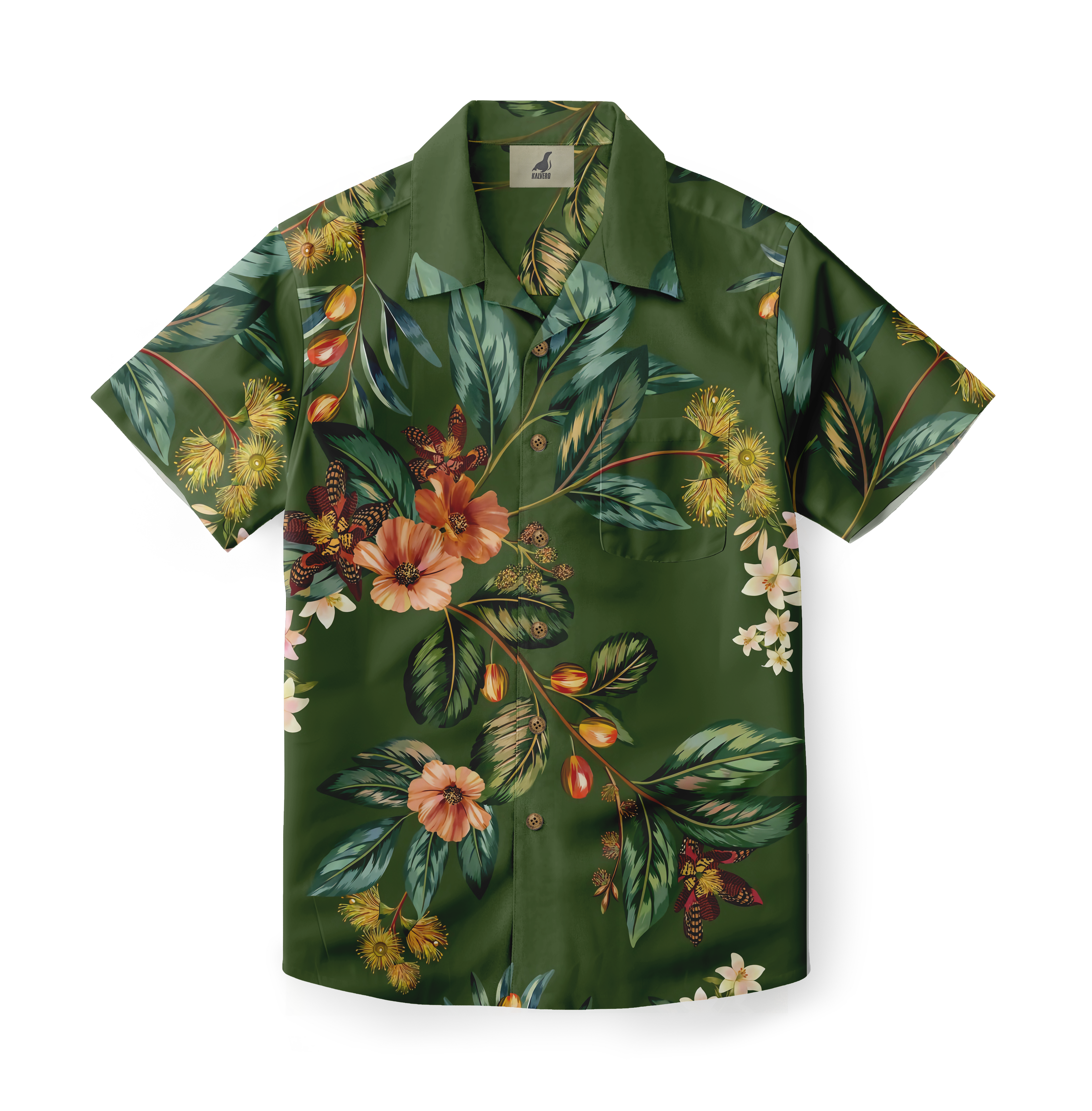 Green floral short-sleeve shirt with vibrant tropical design.