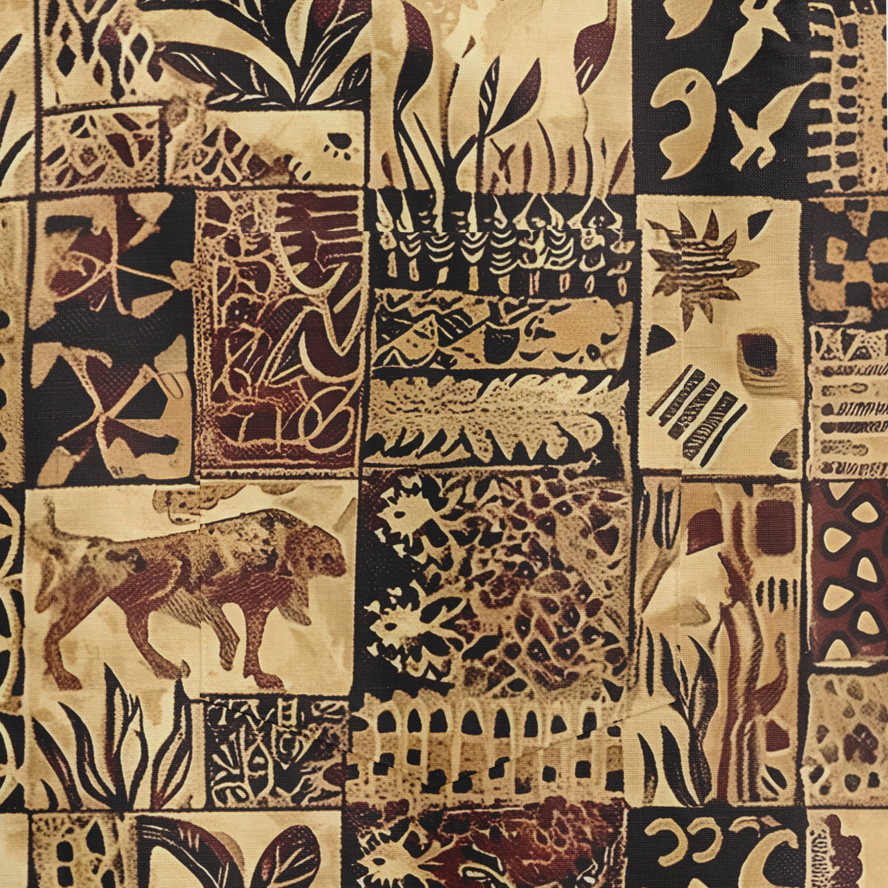 Patterned fabric with tribal designs, animals, and geometric shapes.