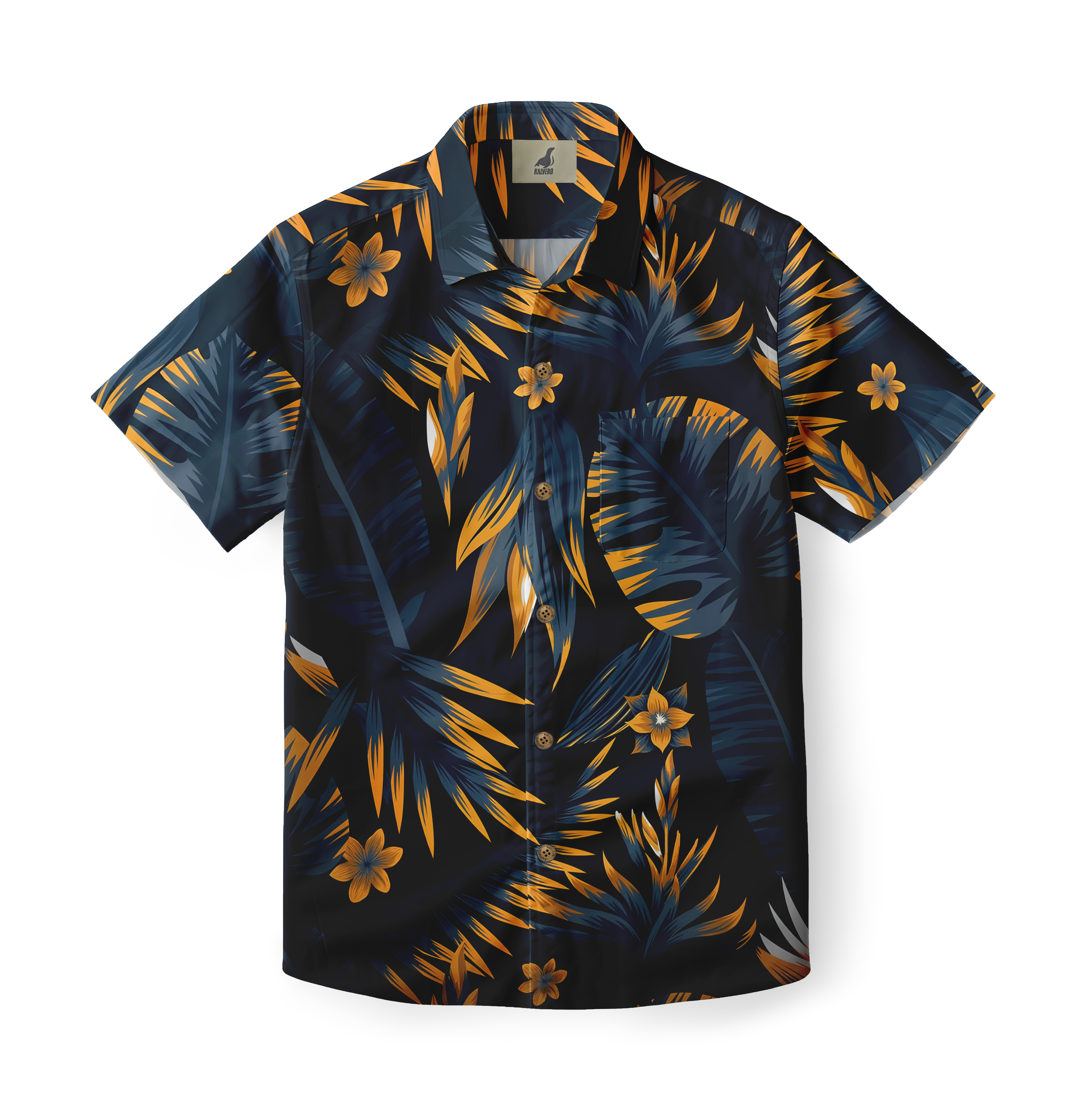 Dark blue shirt with orange floral and leaf pattern.