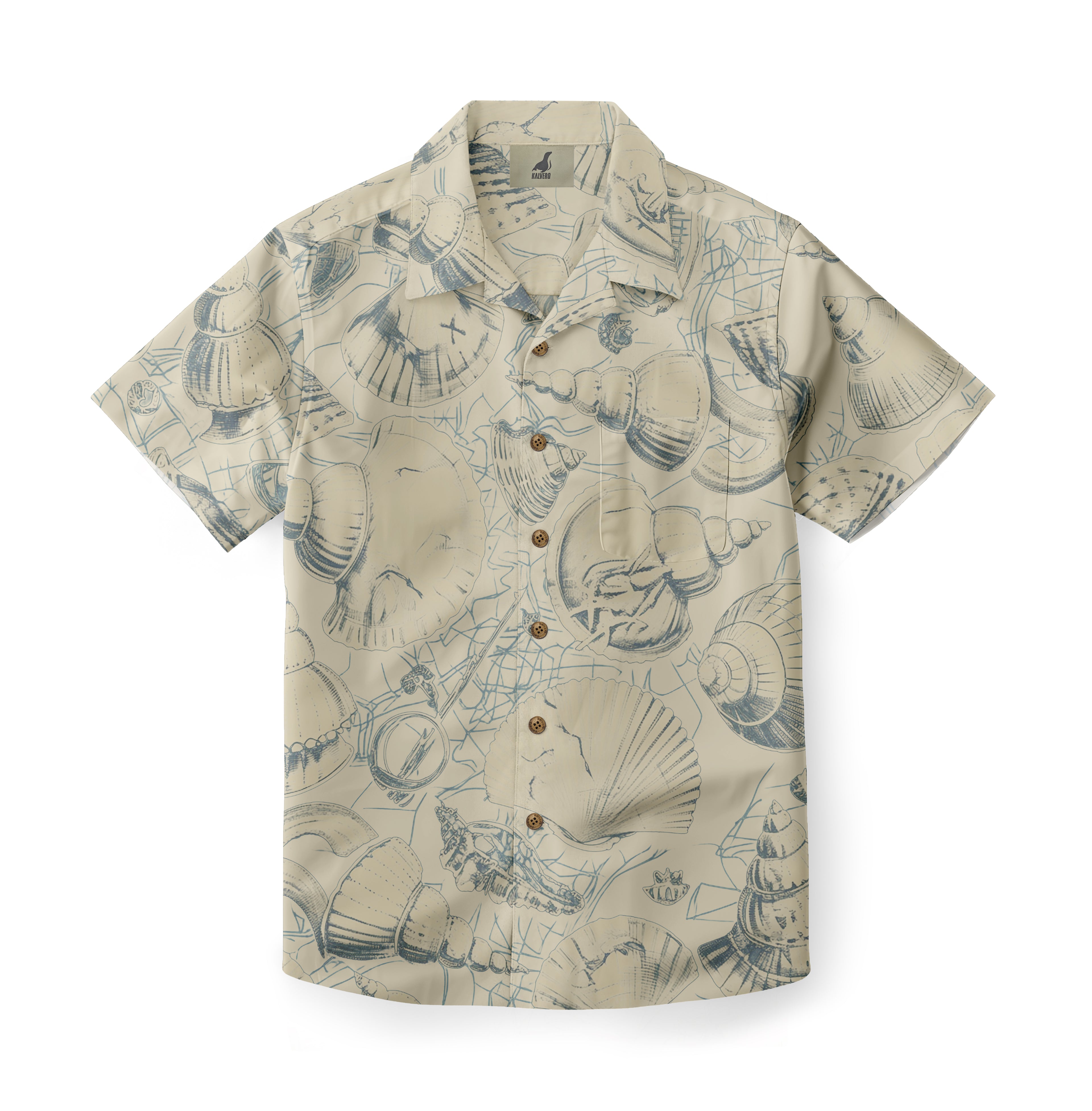 Beige short-sleeve shirt with blue shell print, featuring.