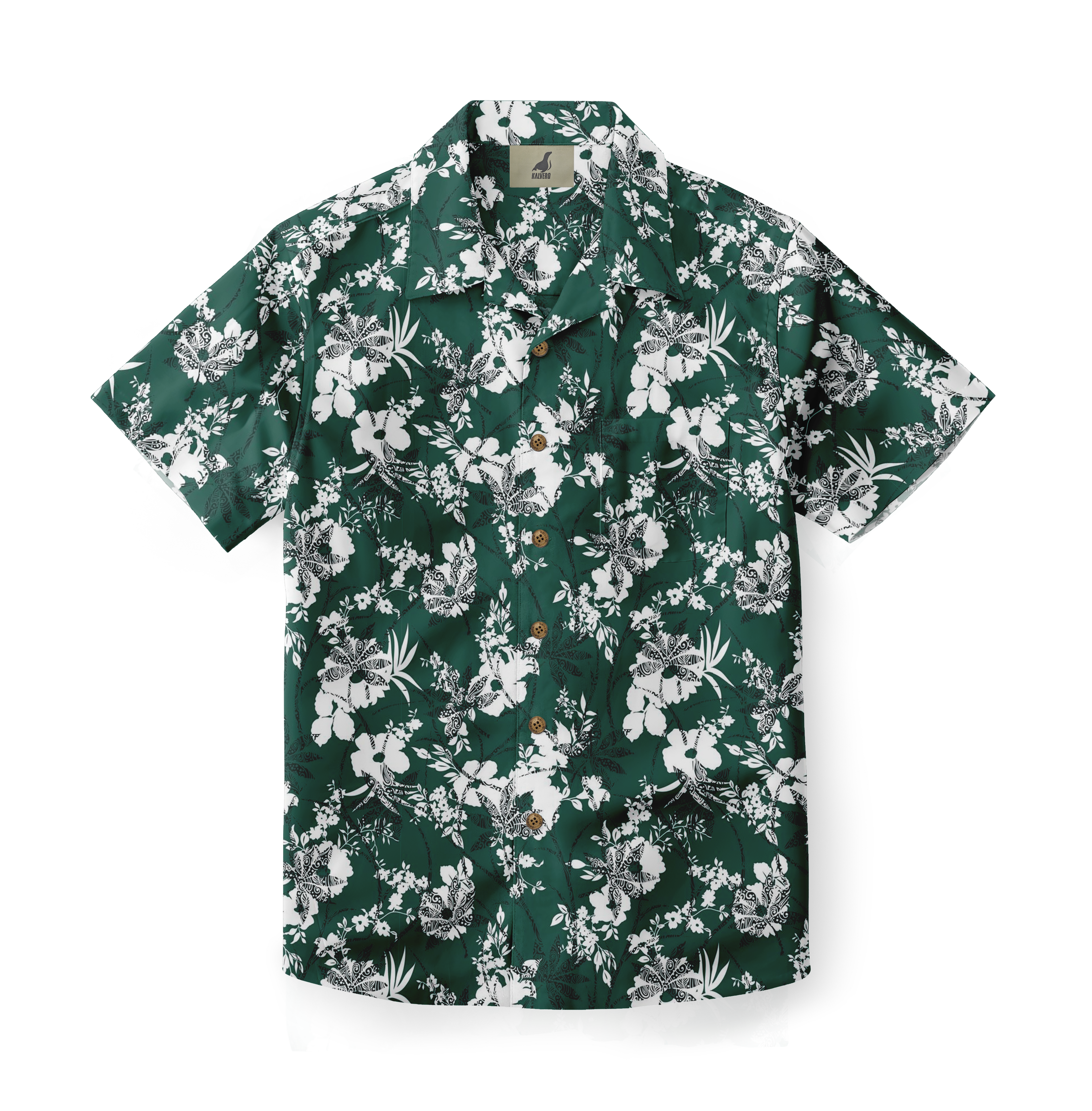 Green short-sleeve shirt with white floral pattern.
