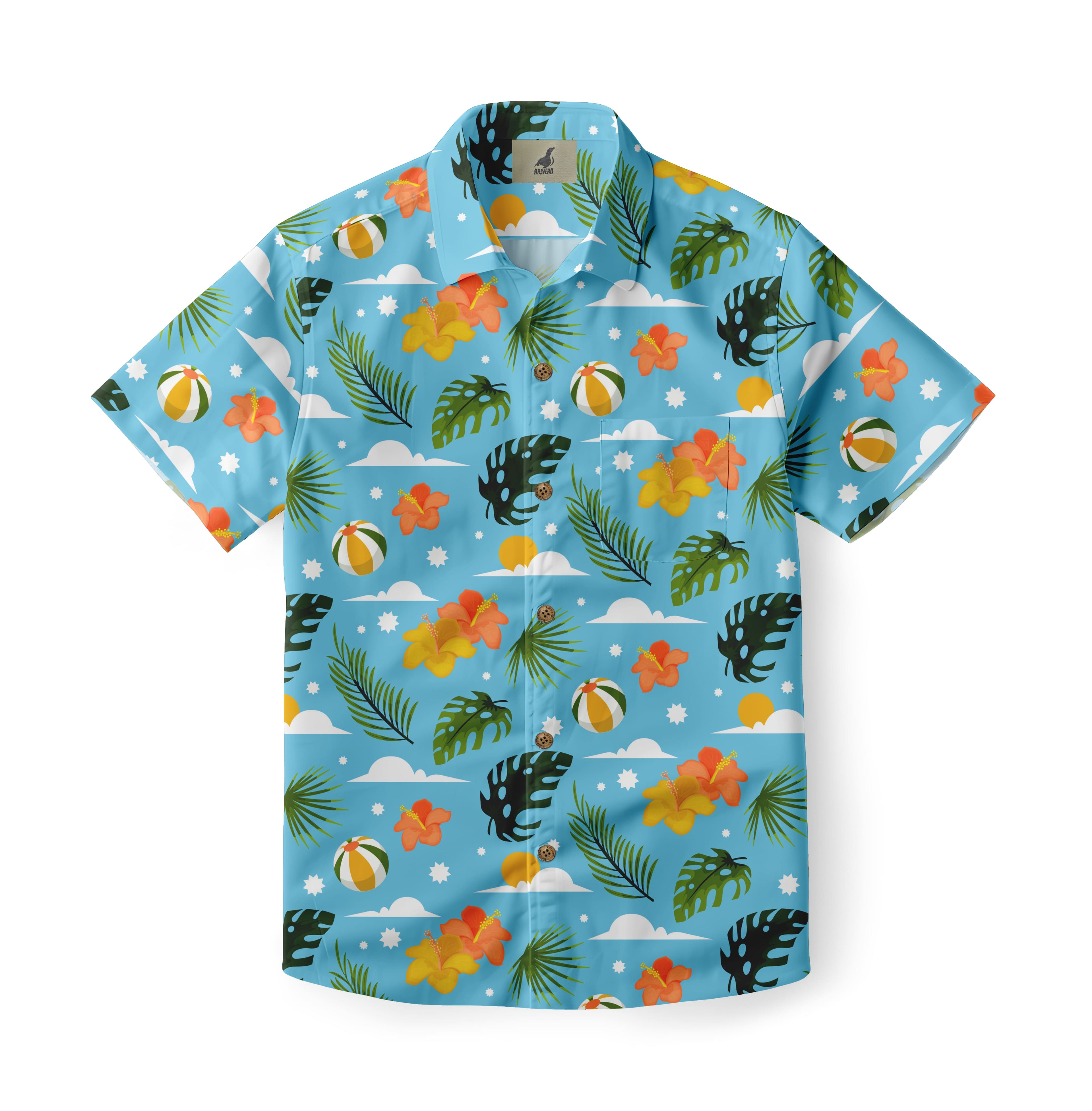 Blue shirt with tropical flowers, leaves, and beach balls.