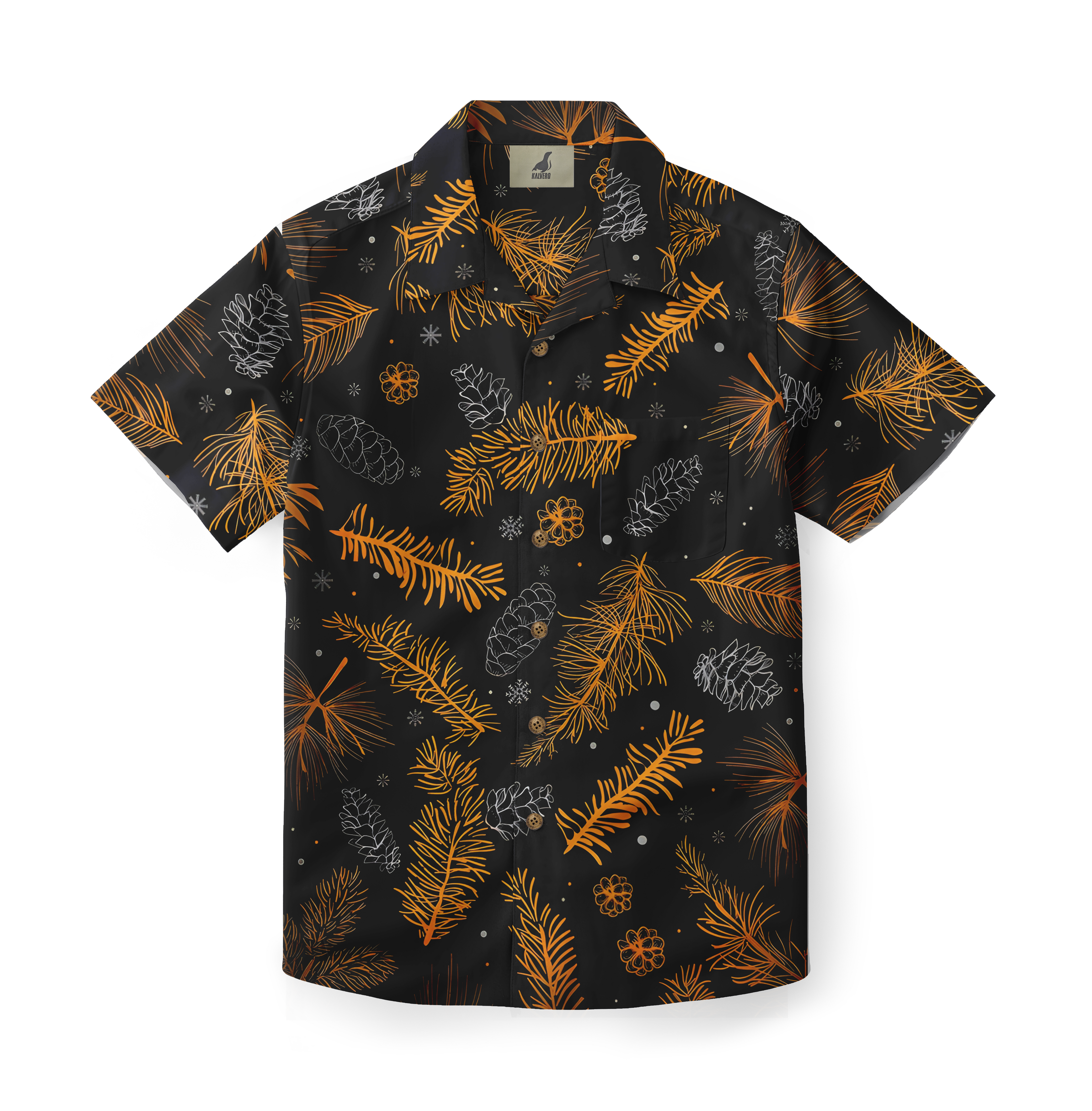 Black short-sleeve shirt with orange and white pinecone and leaf.
