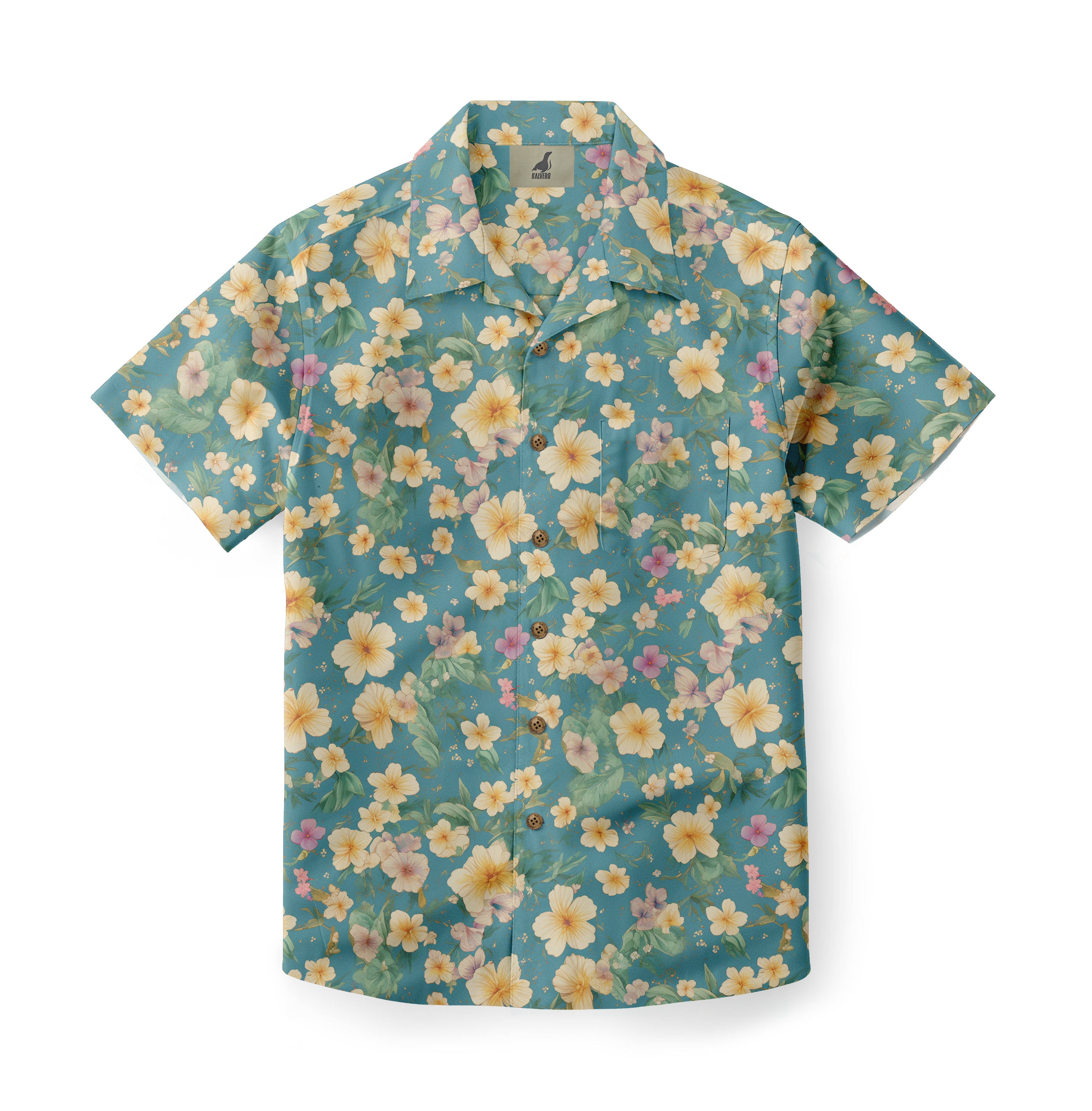 Teal floral short-sleeve shirt with yellow and pink flowers, green.