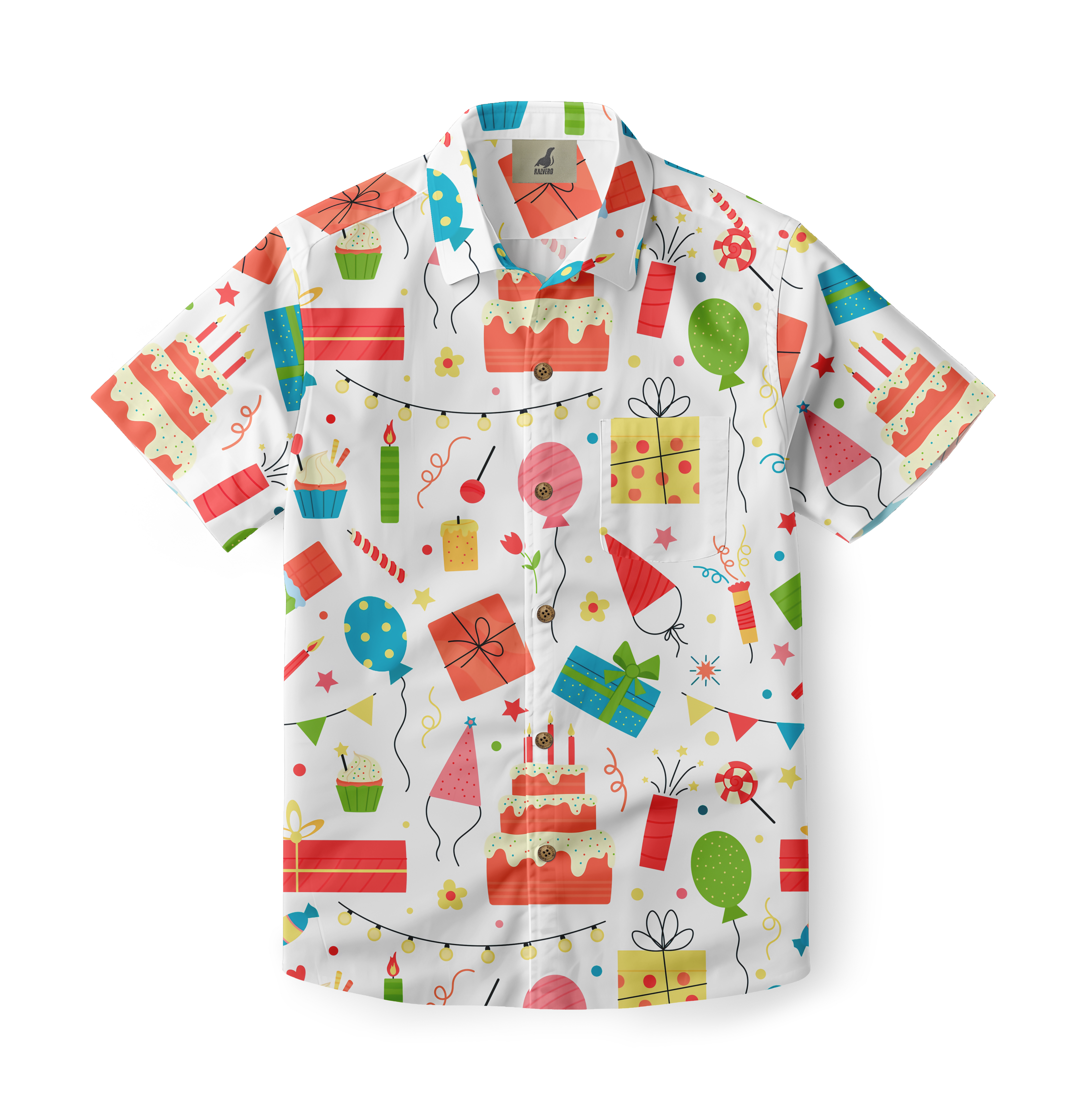 White shirt with colorful birthday party designs.