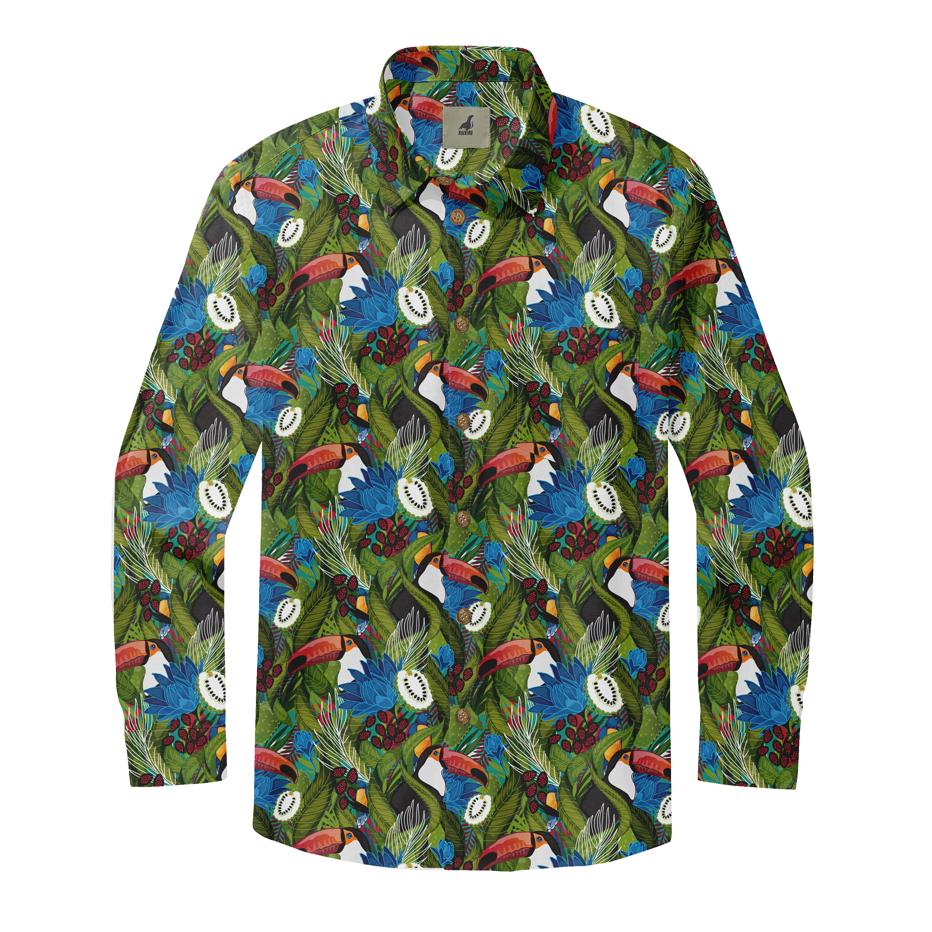 Vibrant tropical shirt with toucans, flowers, and kiwis on a green.