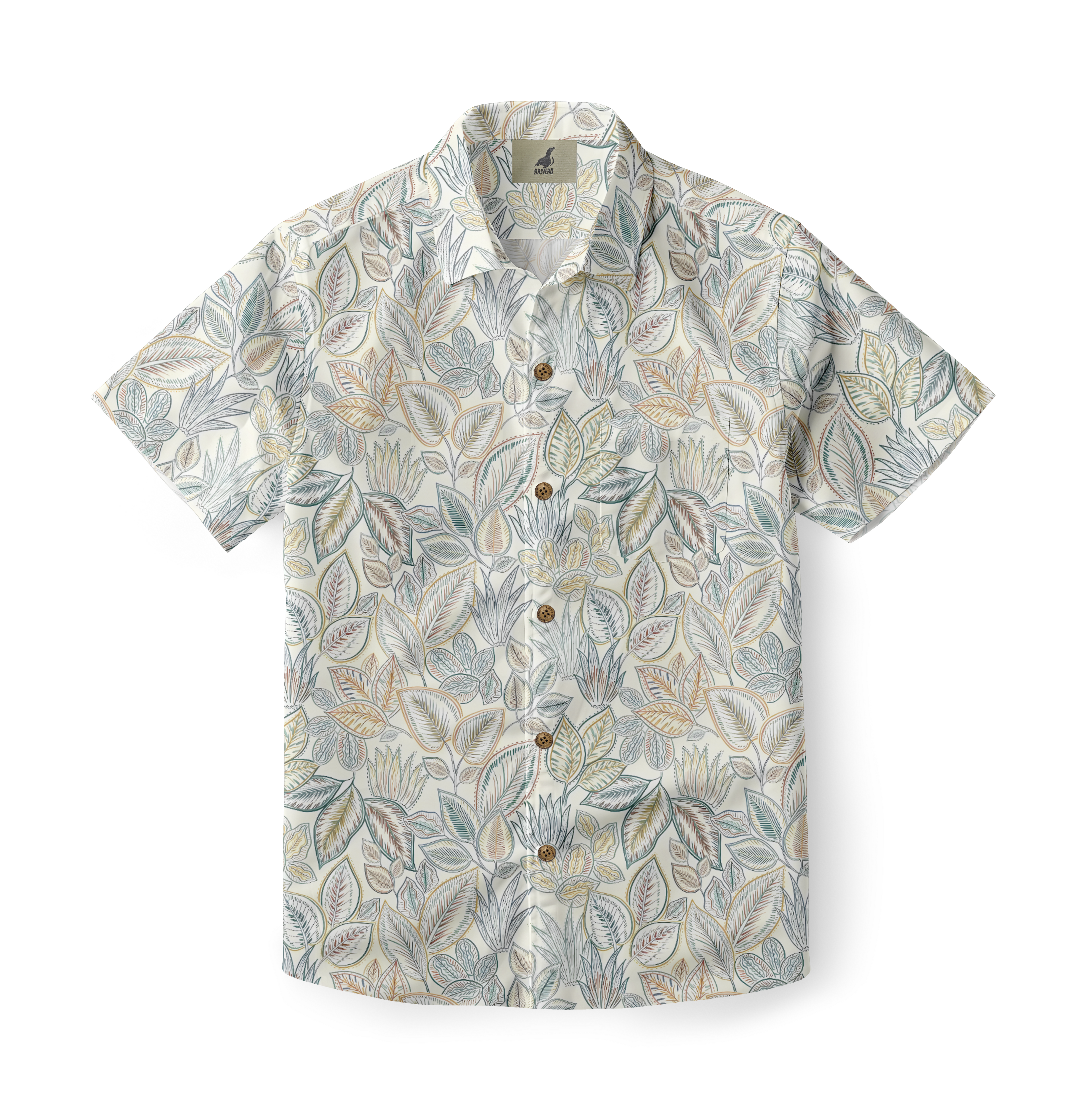 White short-sleeve shirt with green, brown leaf pattern.