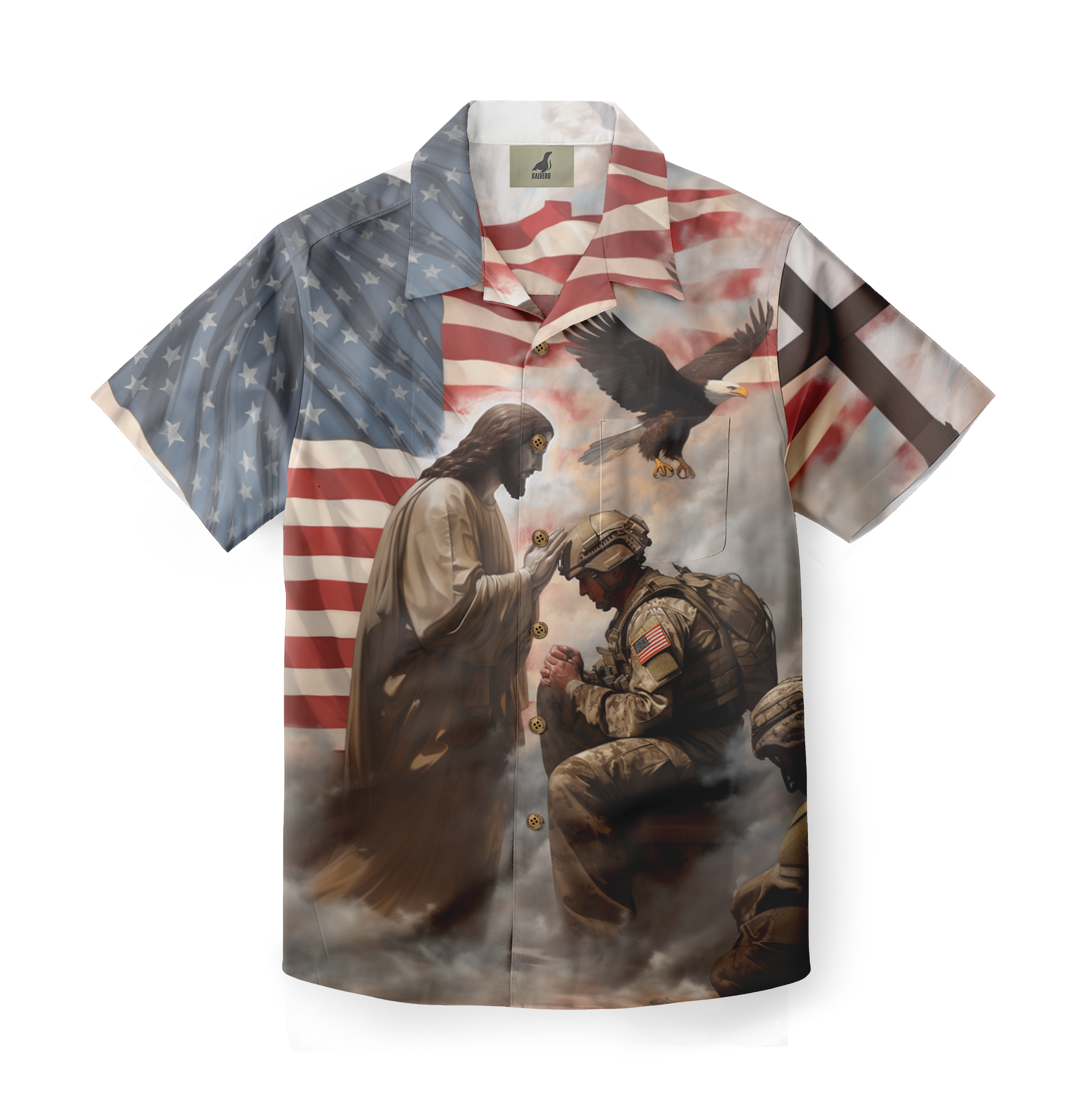 A Hawaiian shirt featuring Jesus, a soldier, an eagle, and American.