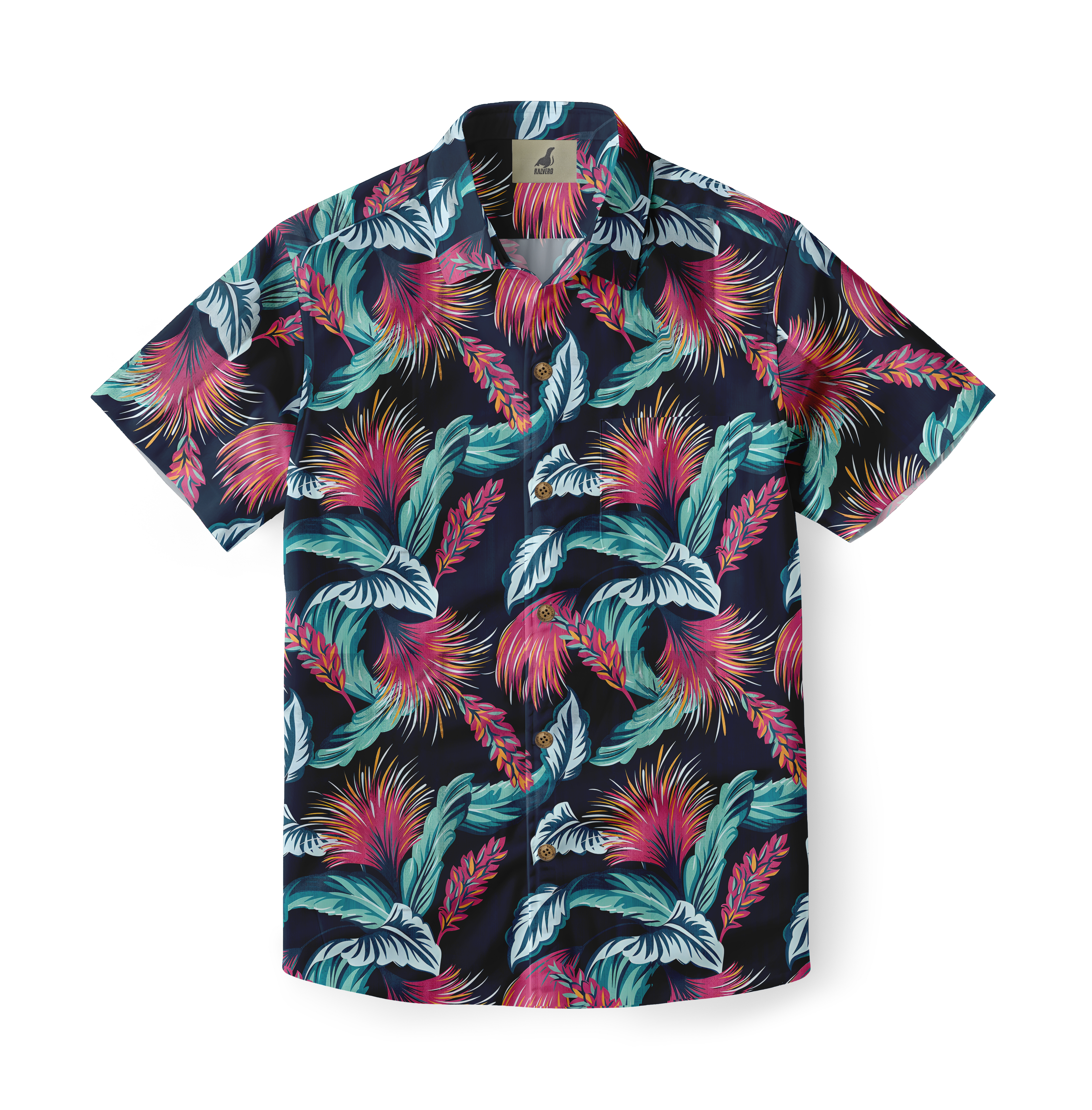 Dark blue shirt with vibrant pink and green floral pattern.