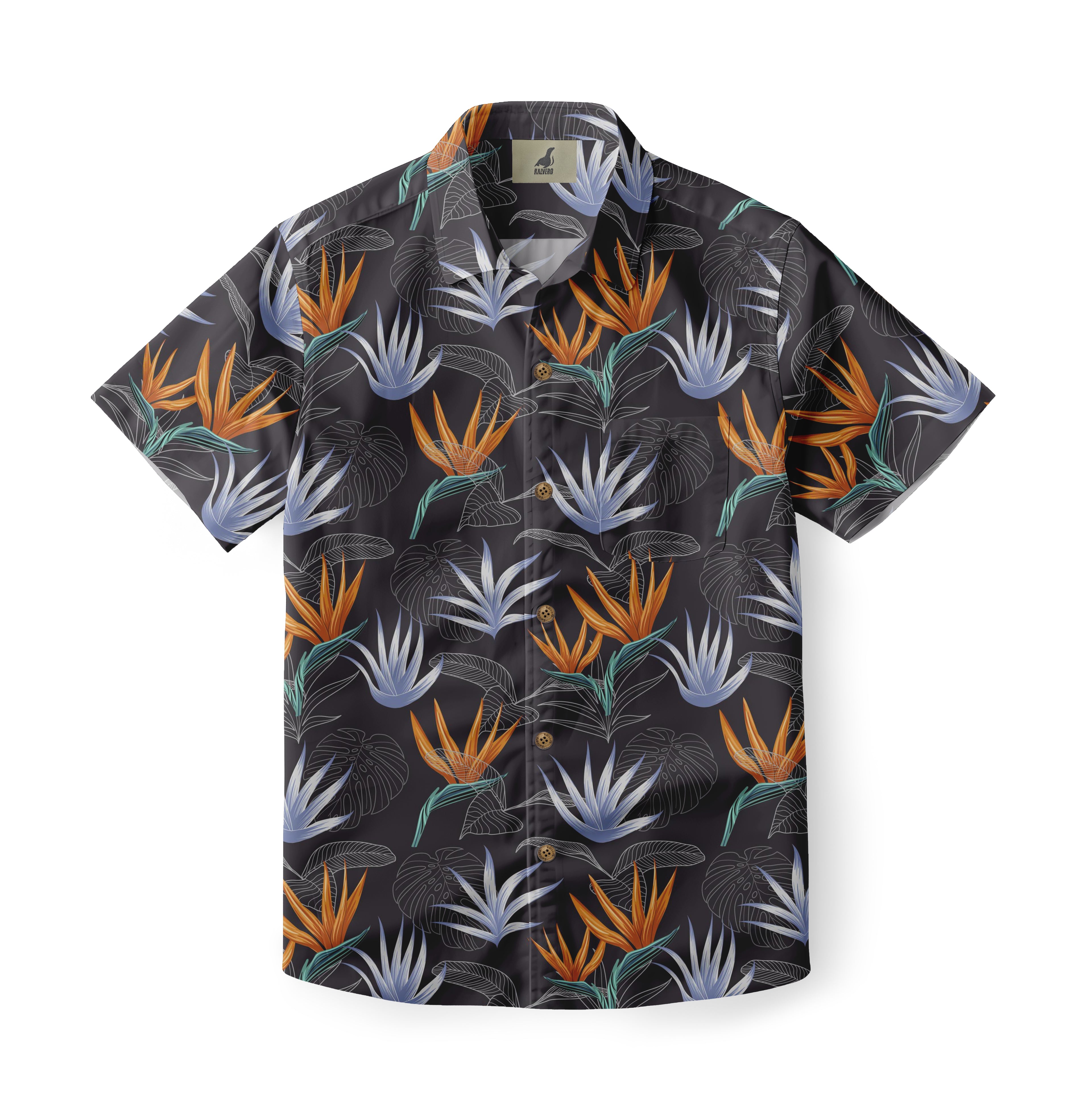 Black shirt with orange and blue floral pattern.