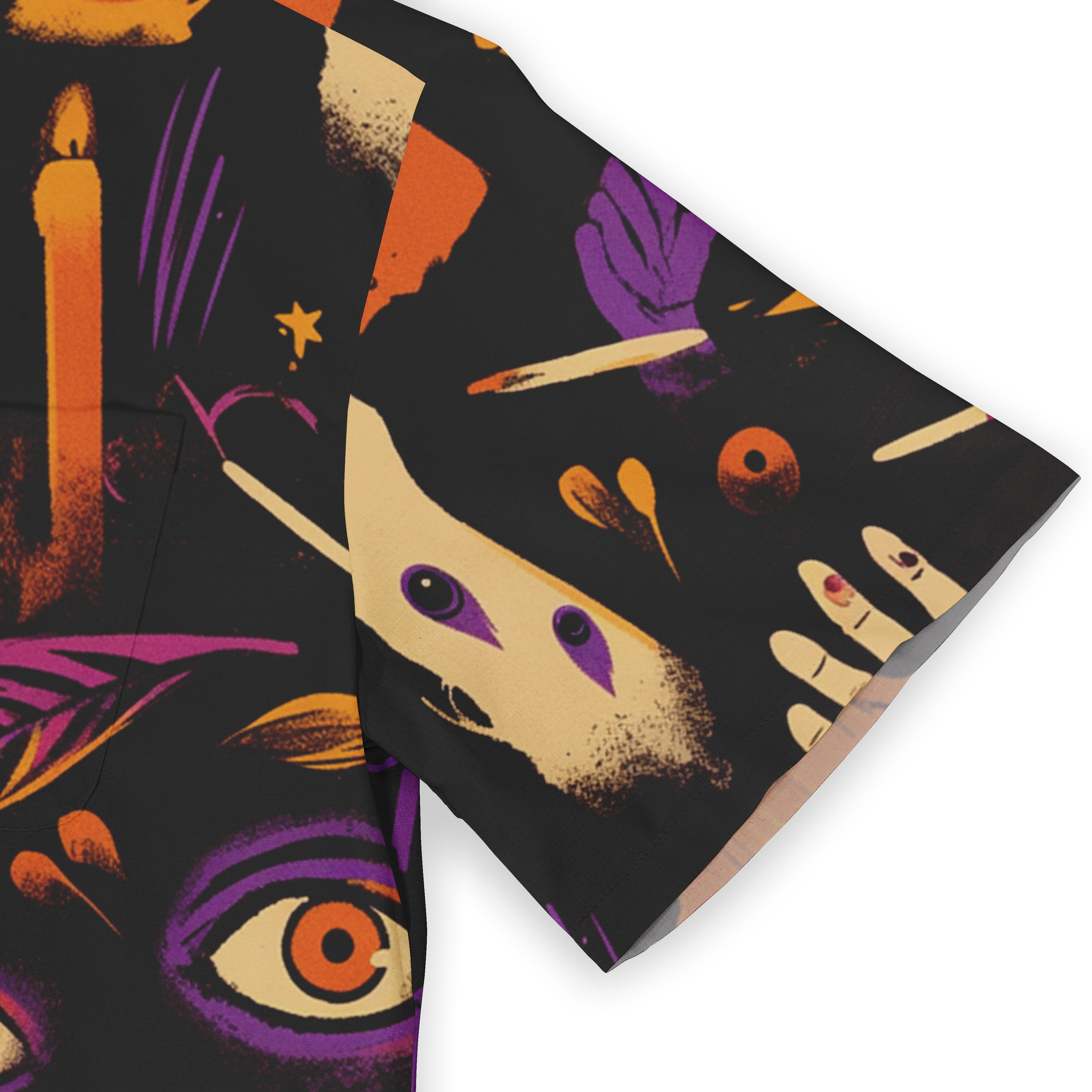 Black fabric with vibrant Halloween-themed print featuring eyes.
