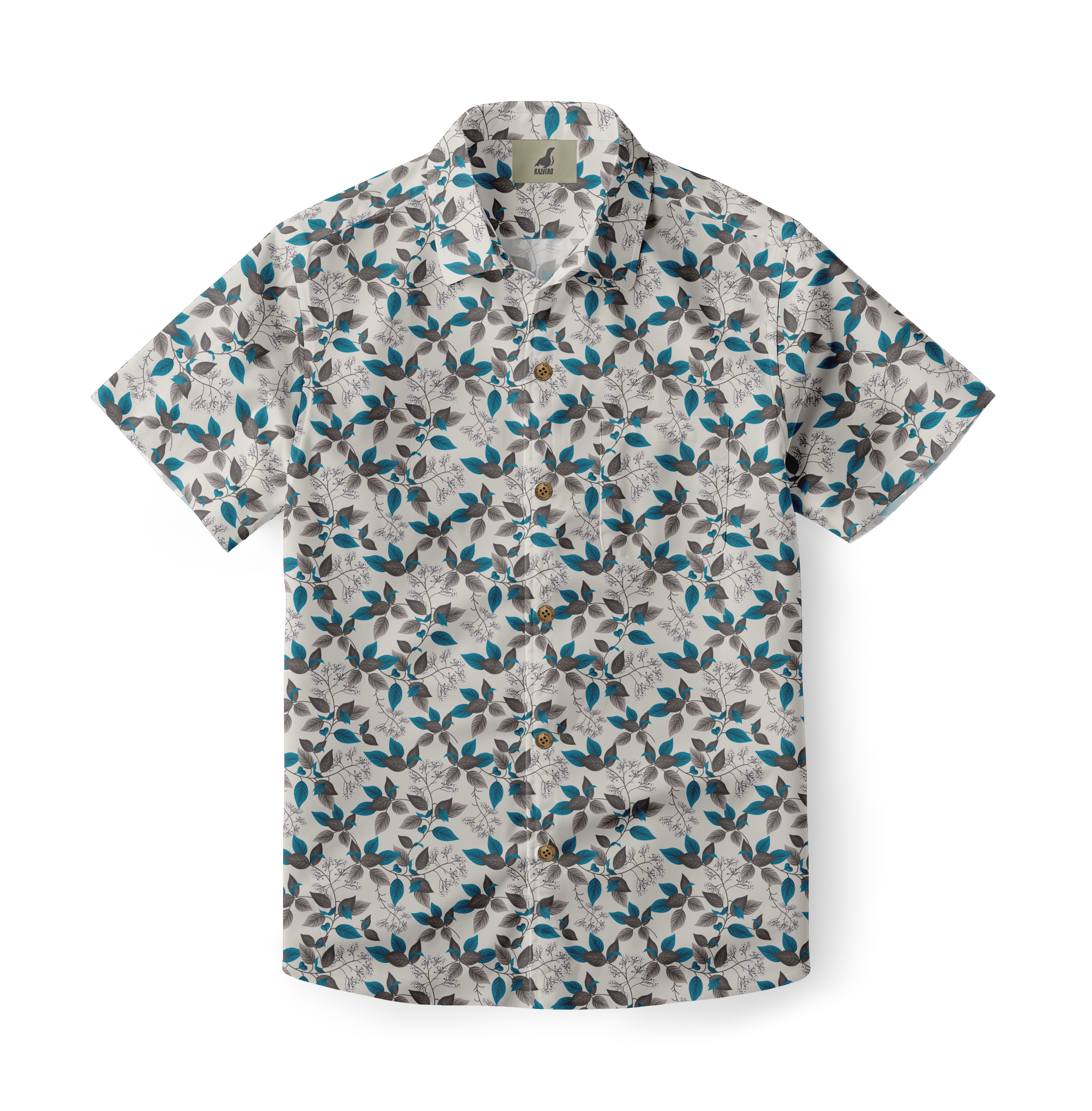 White shirt with blue and brown leaf pattern, short sleeves.