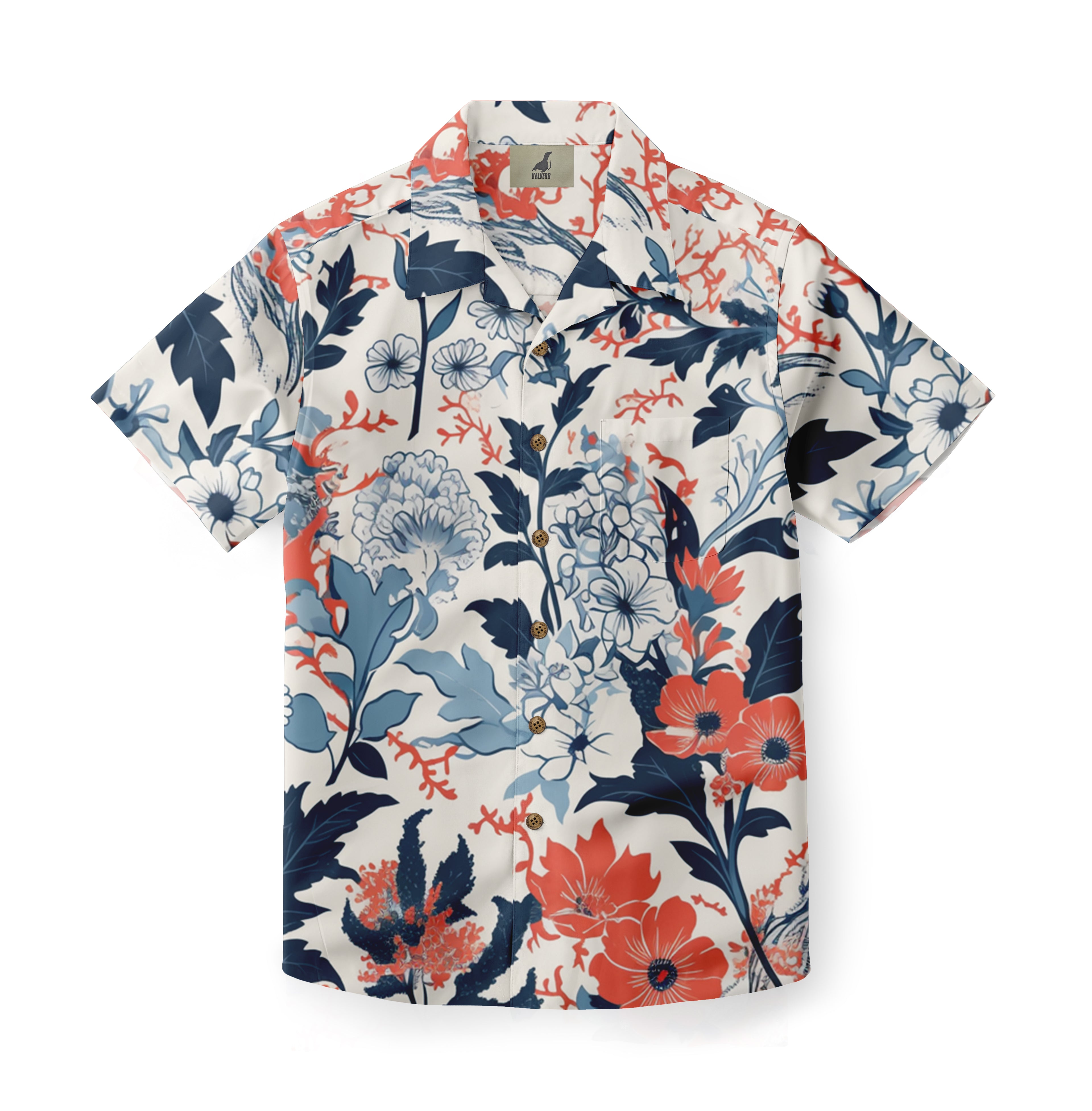 A vibrant floral short-sleeve shirt with blue, red, and white.