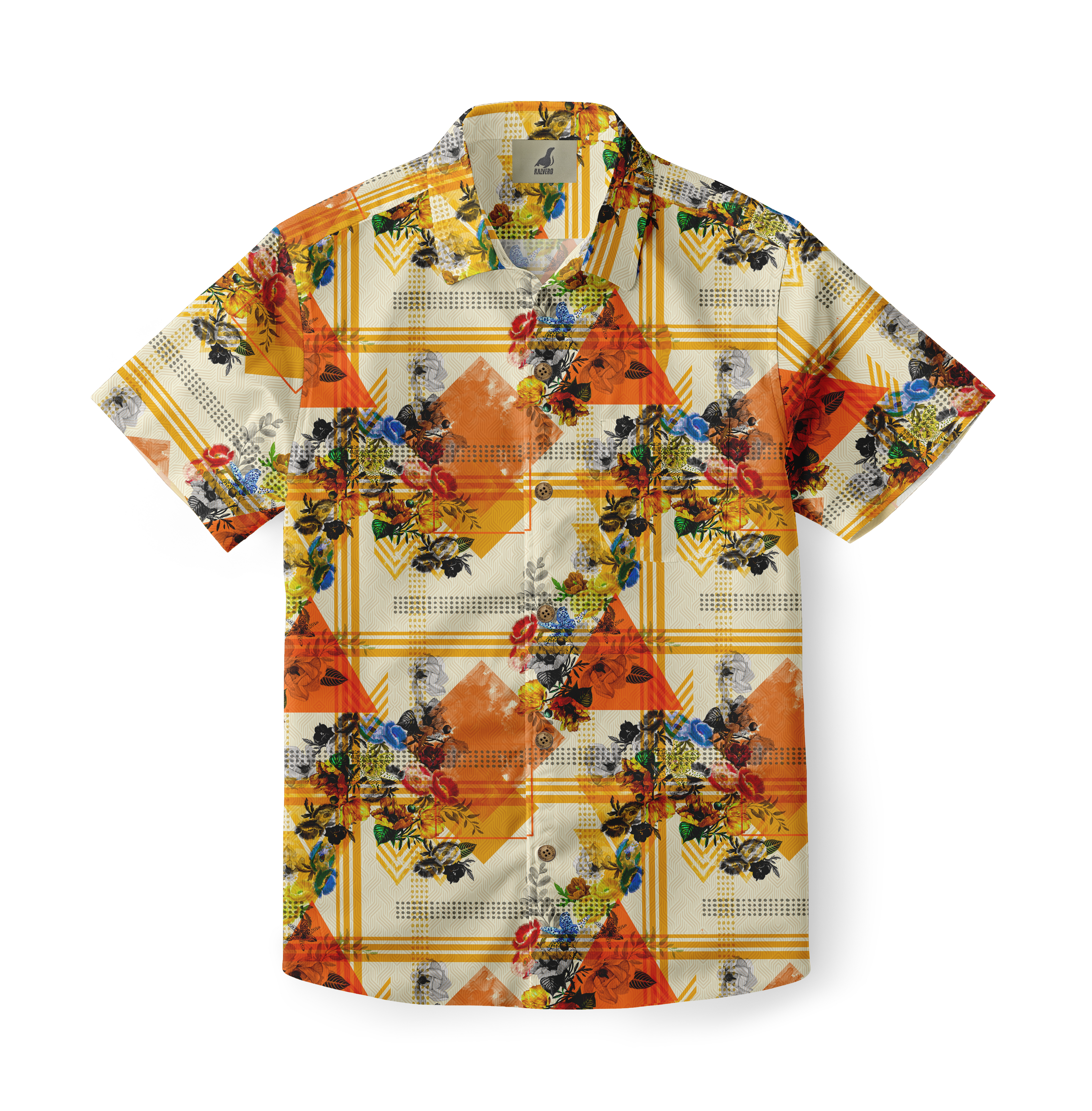 Colorful floral and geometric pattern short-sleeve shirt.