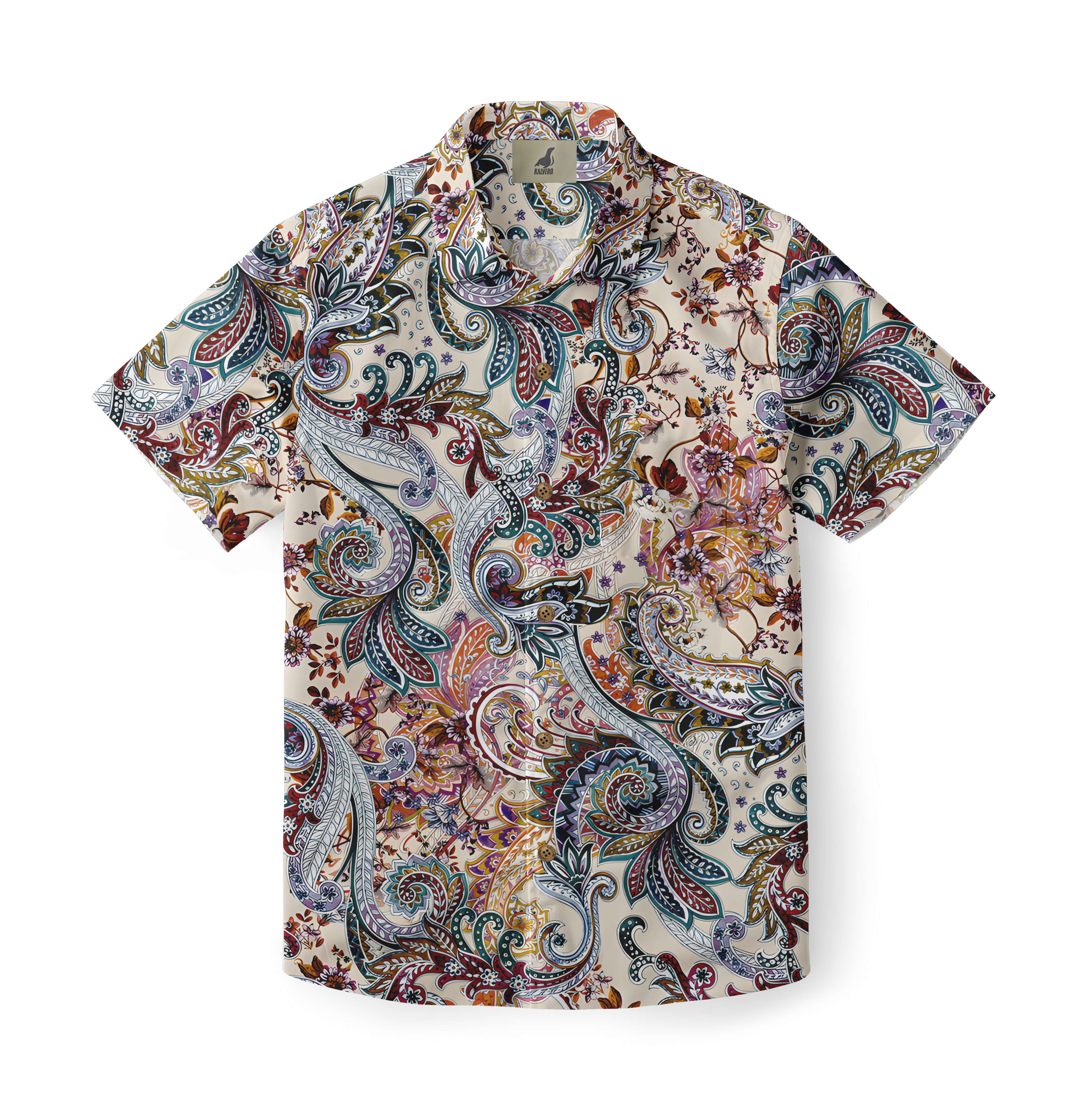 Colorful paisley print short-sleeve shirt on white background.
