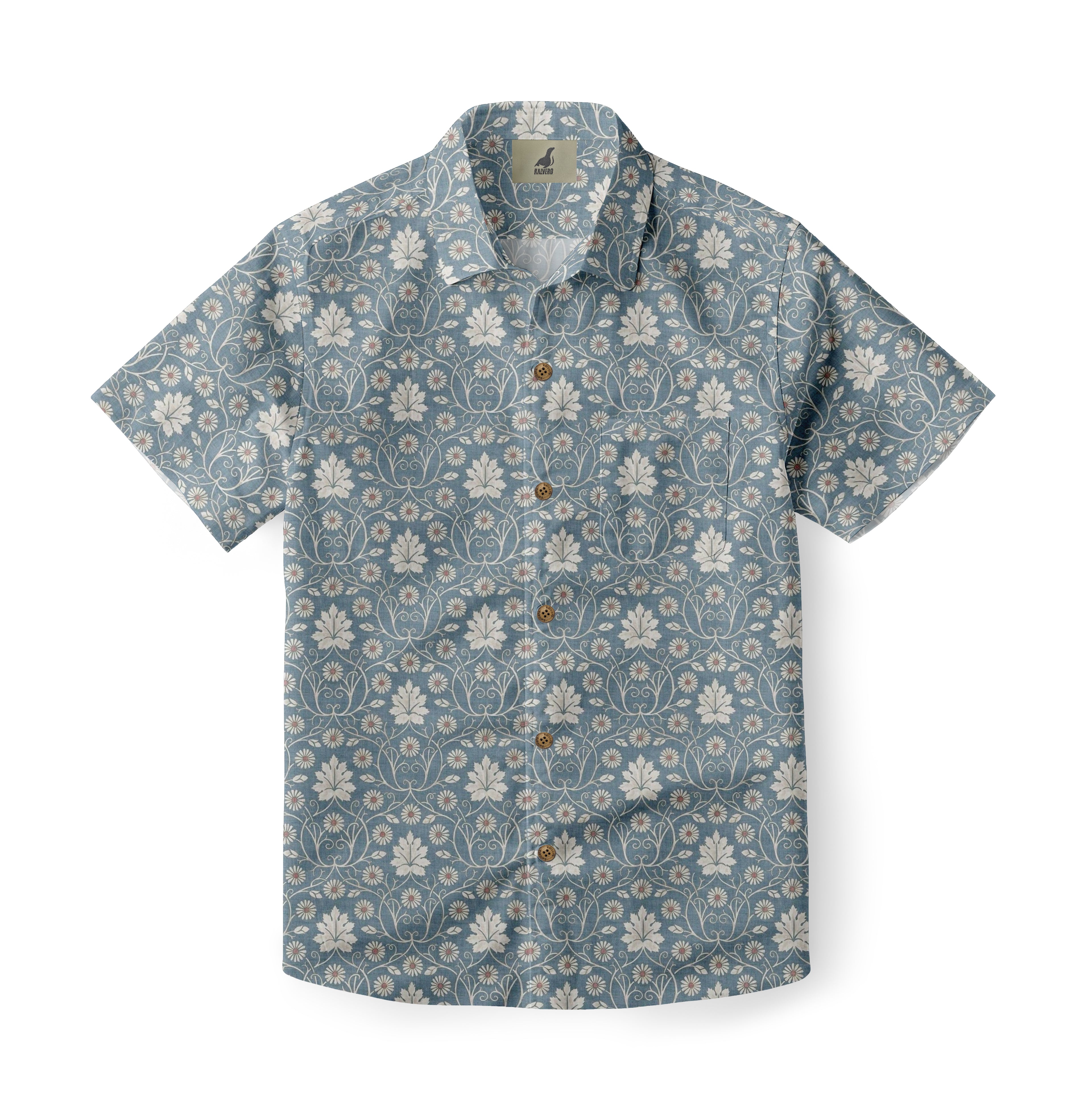 Blue short-sleeve shirt with white floral pattern and buttons.