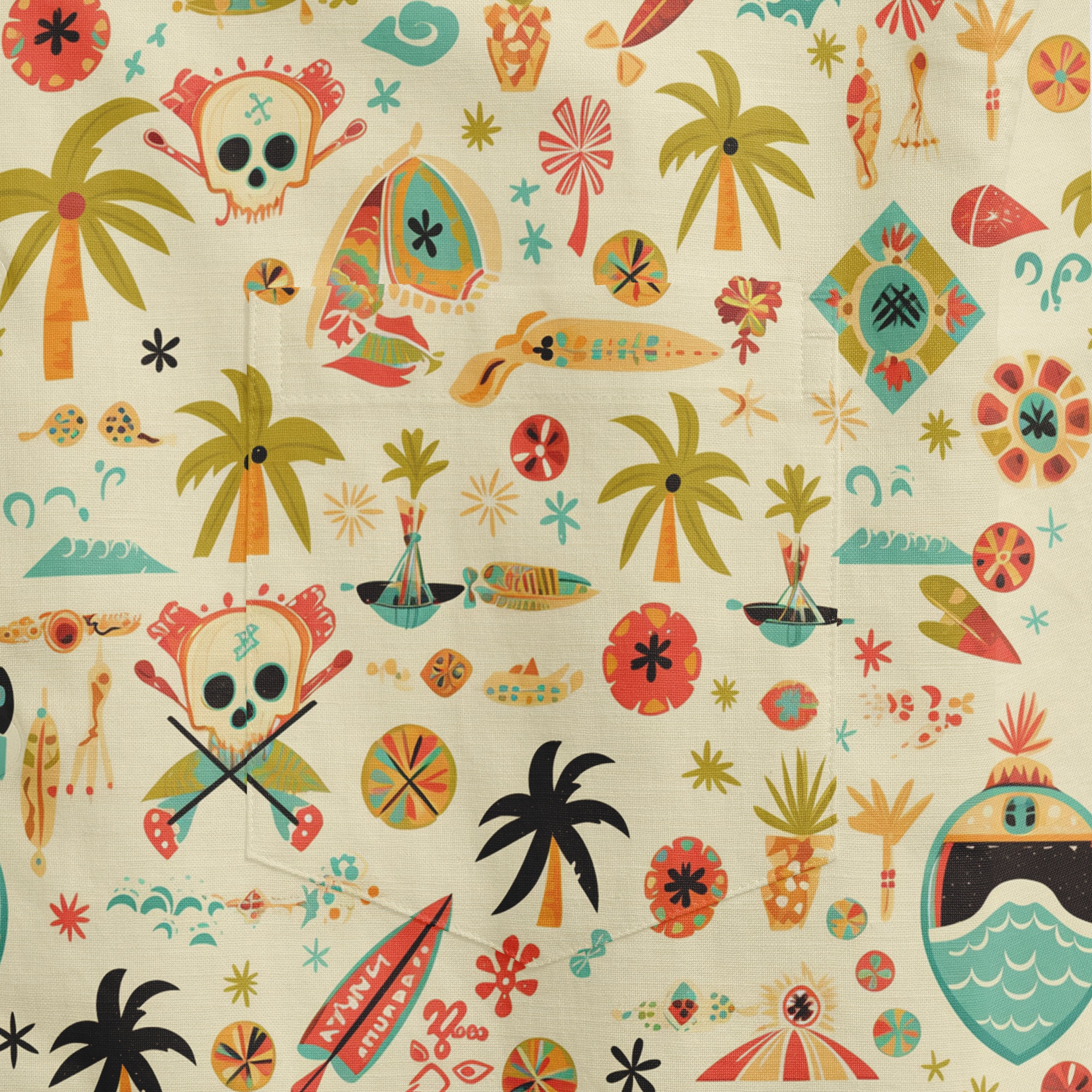 Colorful tropical fabric with palm trees, skulls, boats, and flowers.