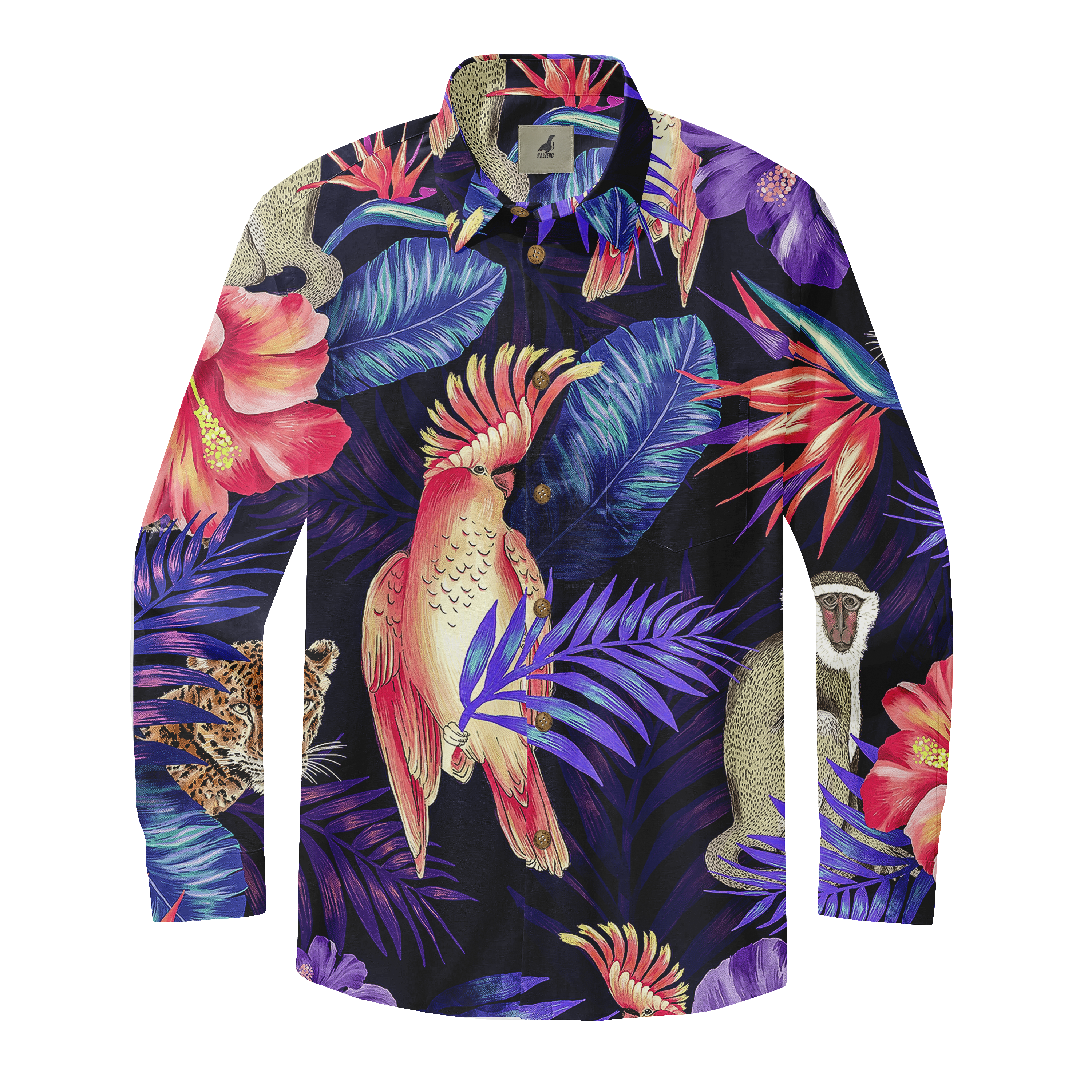Vibrant tropical shirt with bold floral patterns, exotic birds.