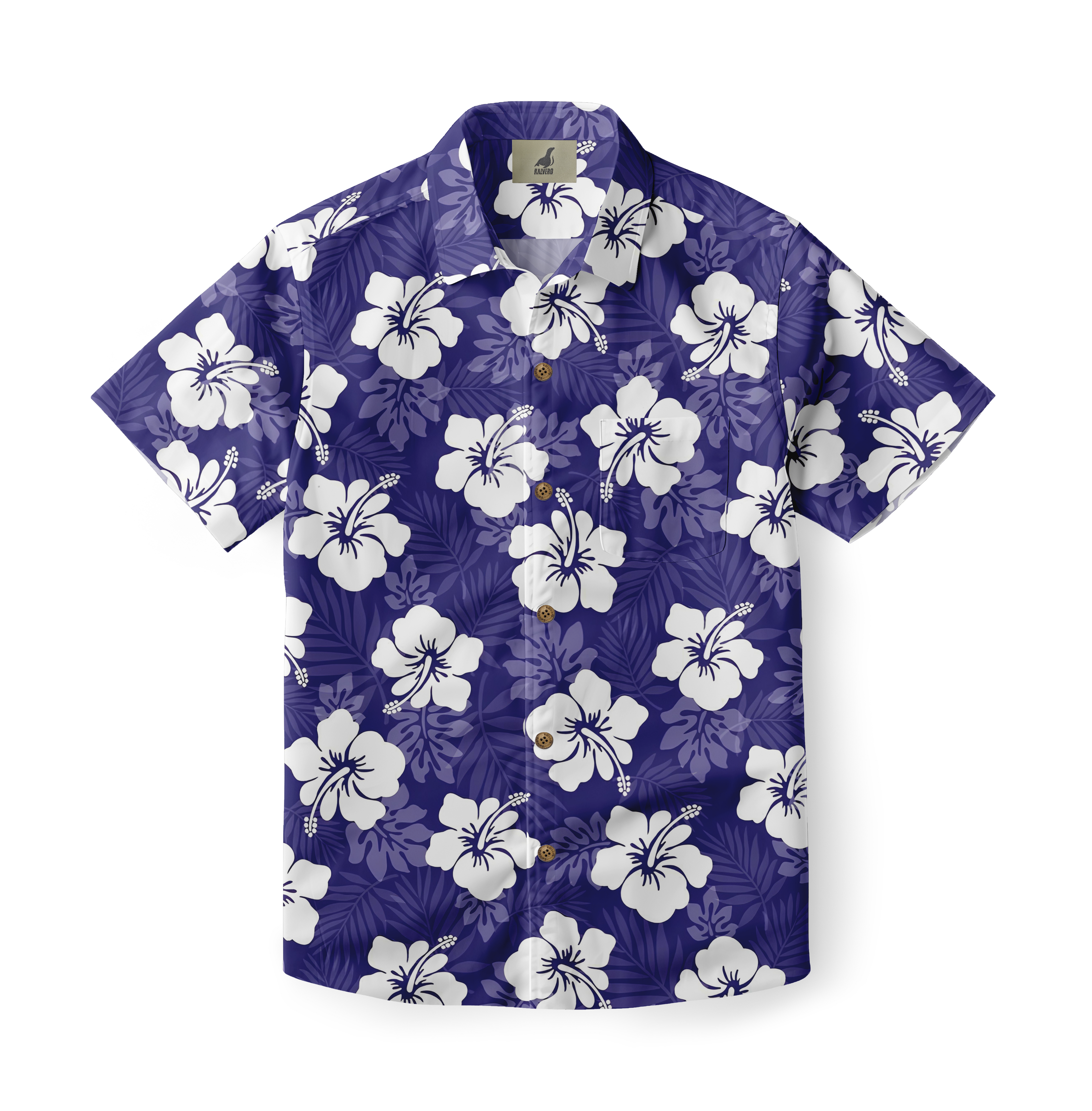 Purple Hawaiian shirt with white hibiscus flowers and leaf patterns.