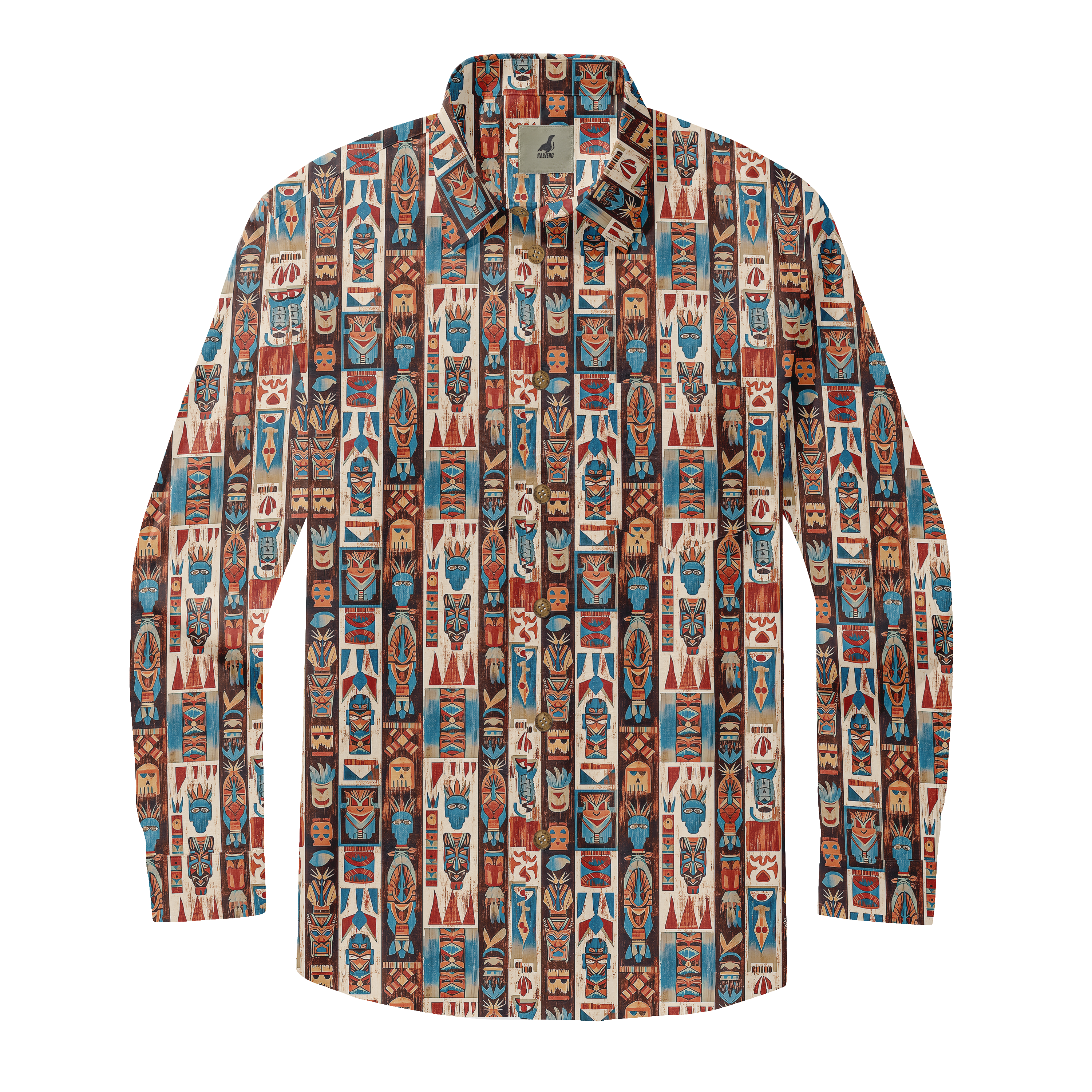 Colorful patterned shirt with tribal designs and buttons.