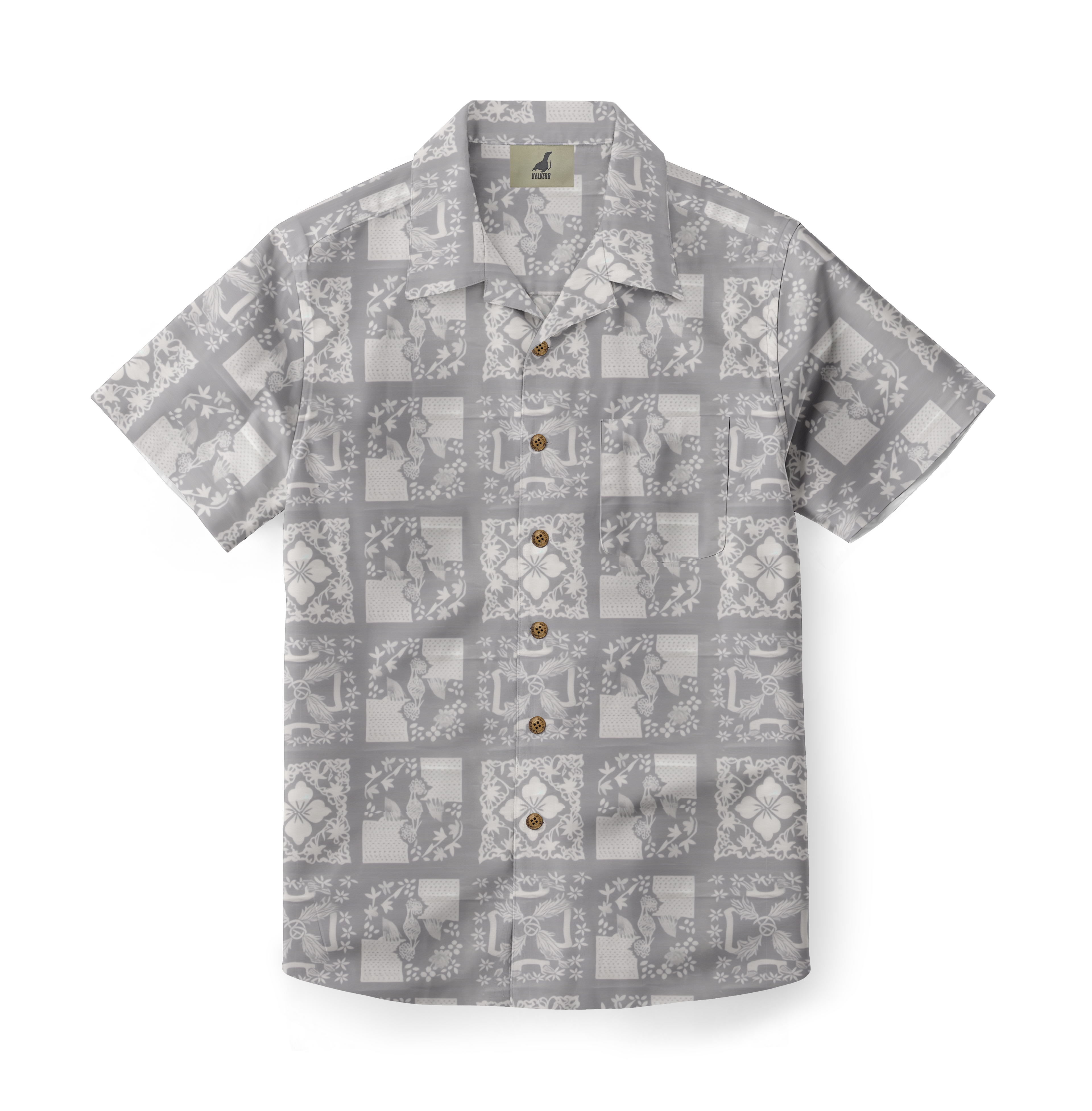 Gray short-sleeve shirt with white floral and geometric patterns.