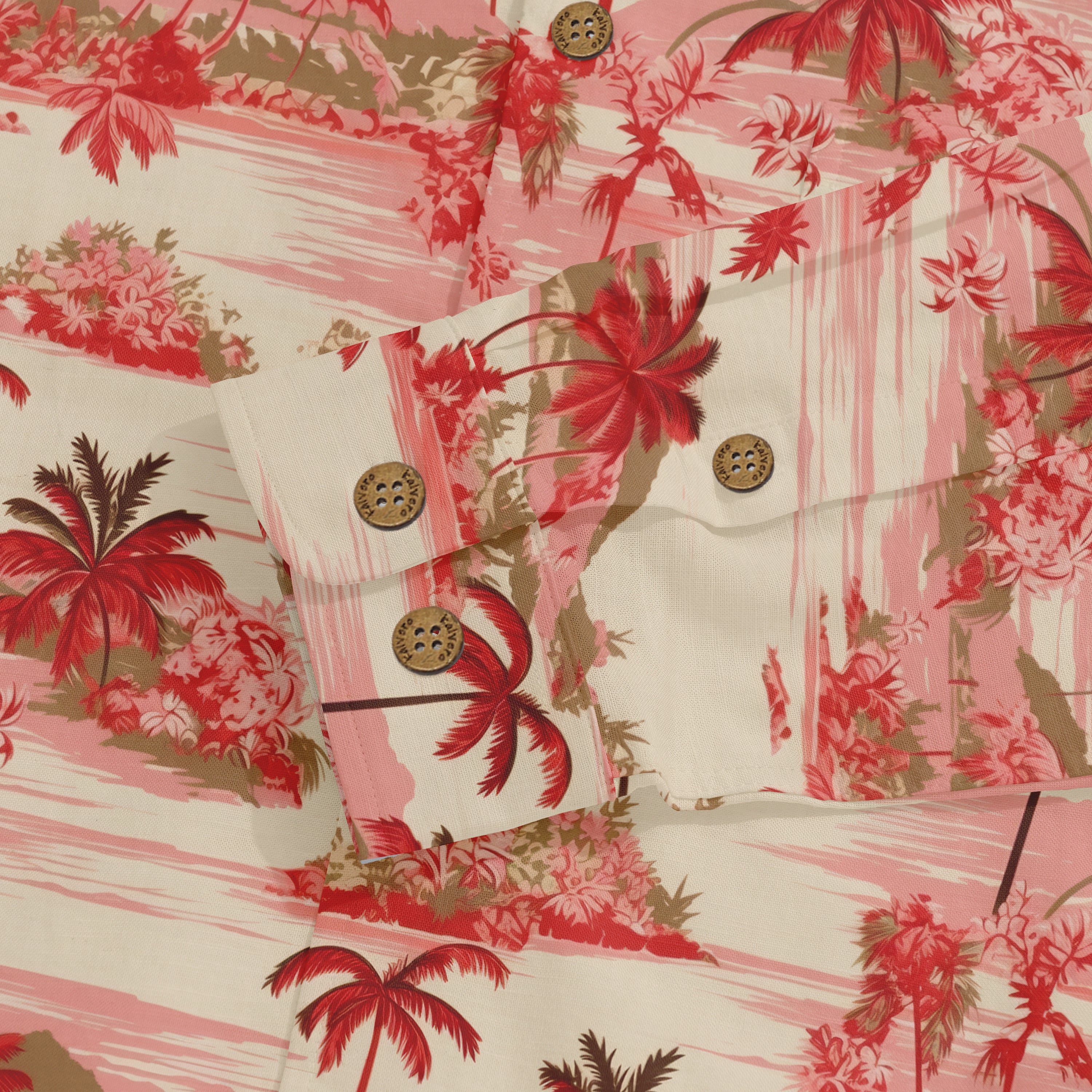 Tropical print shirt with red palm trees, pink stripes, and wooden.