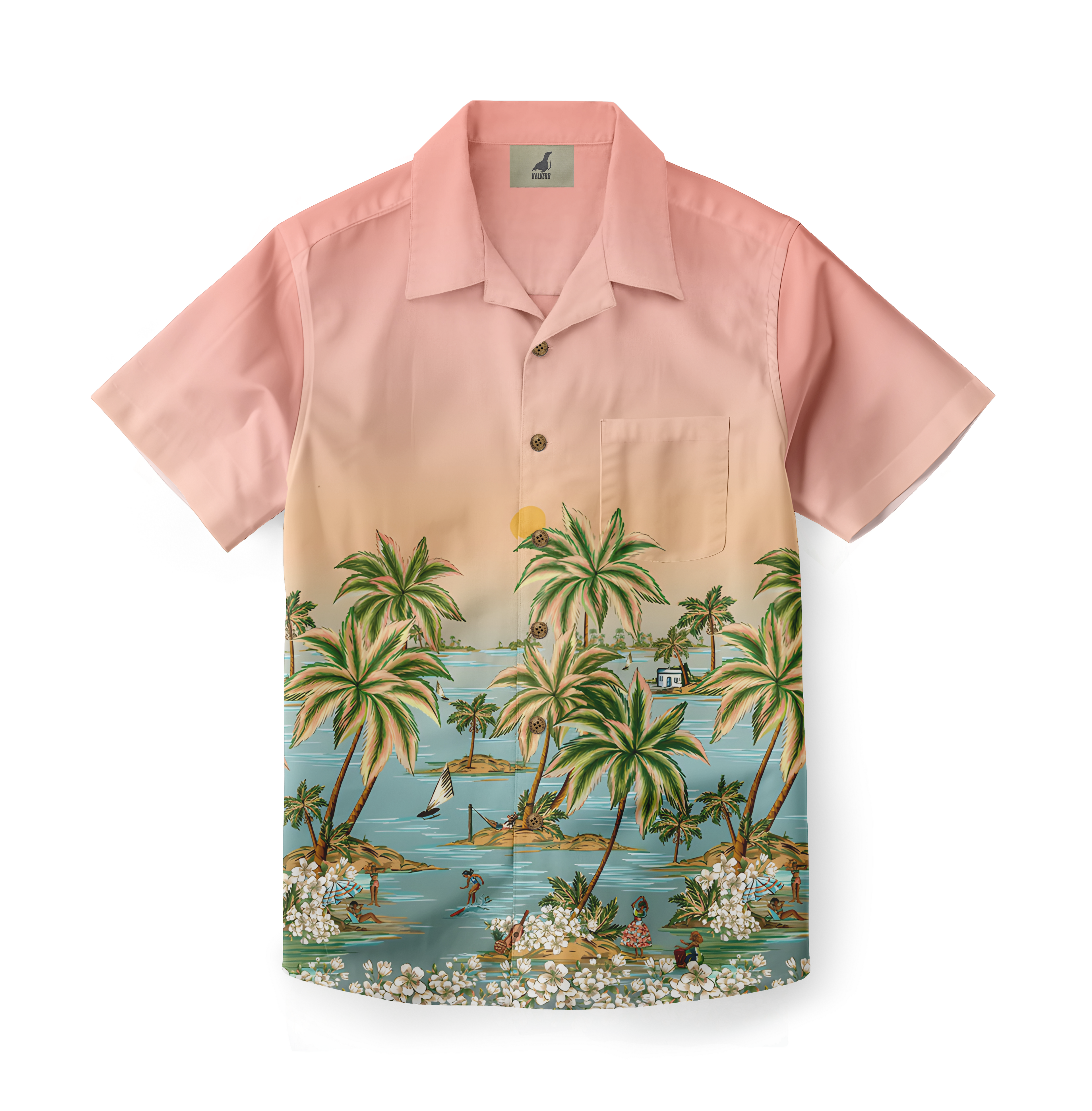 Pink Hawaiian shirt with tropical palm tree and island print.