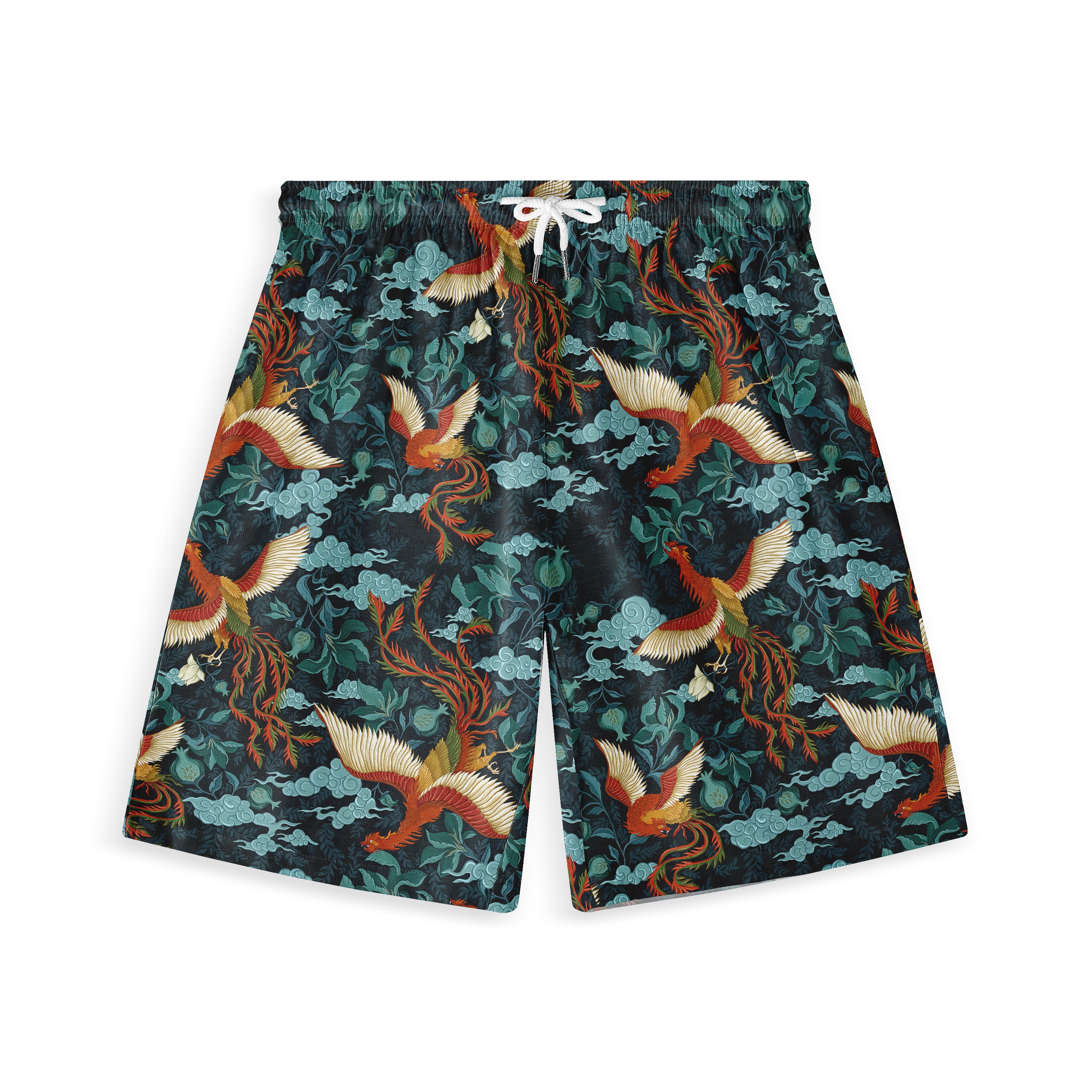 Shorts with vibrant phoenix and cloud pattern on dark background.