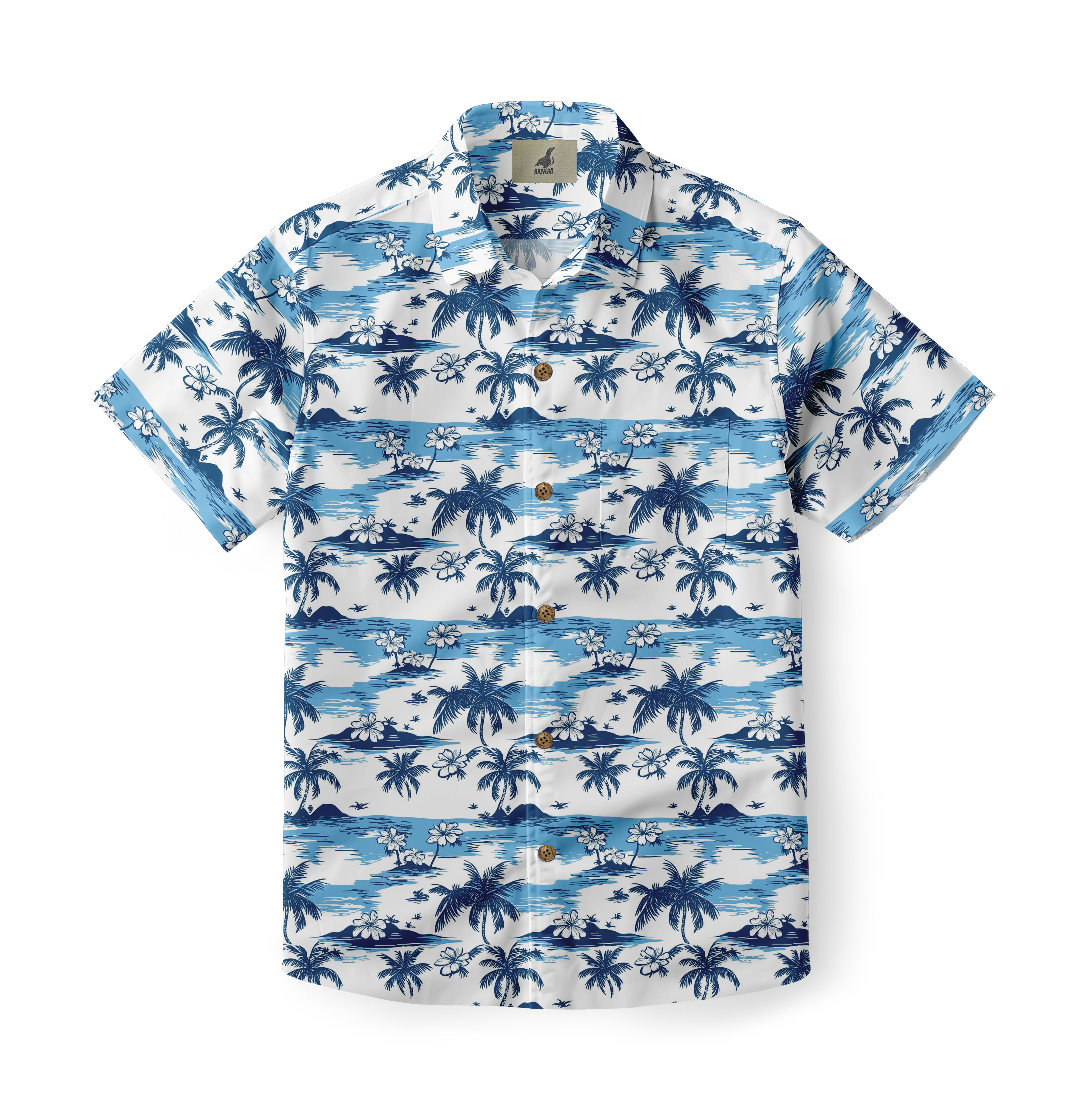 Blue and white Hawaiian shirt with palm trees and flowers.