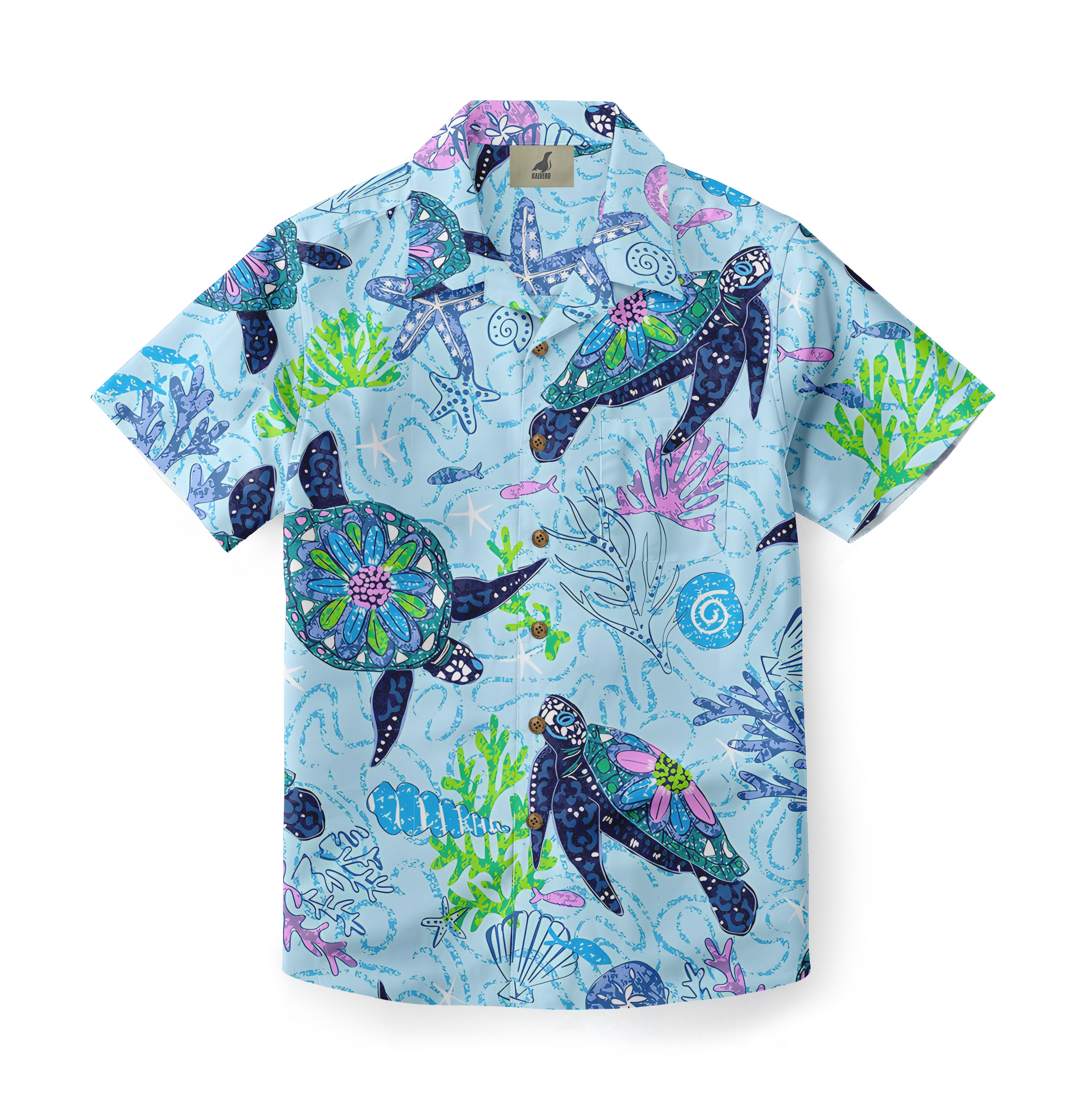 Light blue Hawaiian shirt with colorful sea turtles, coral.