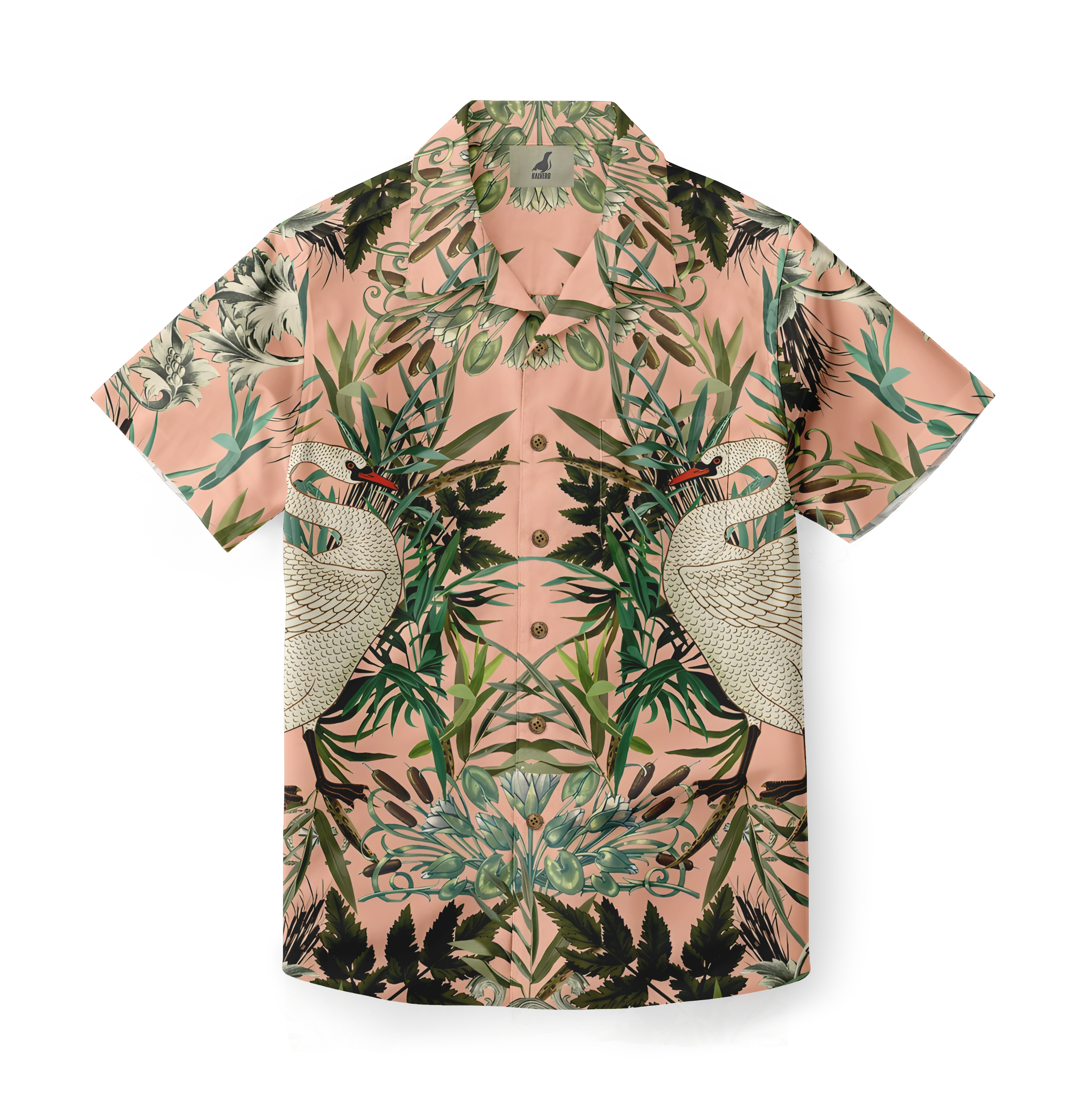 Pink shirt with green leaves and white birds pattern.