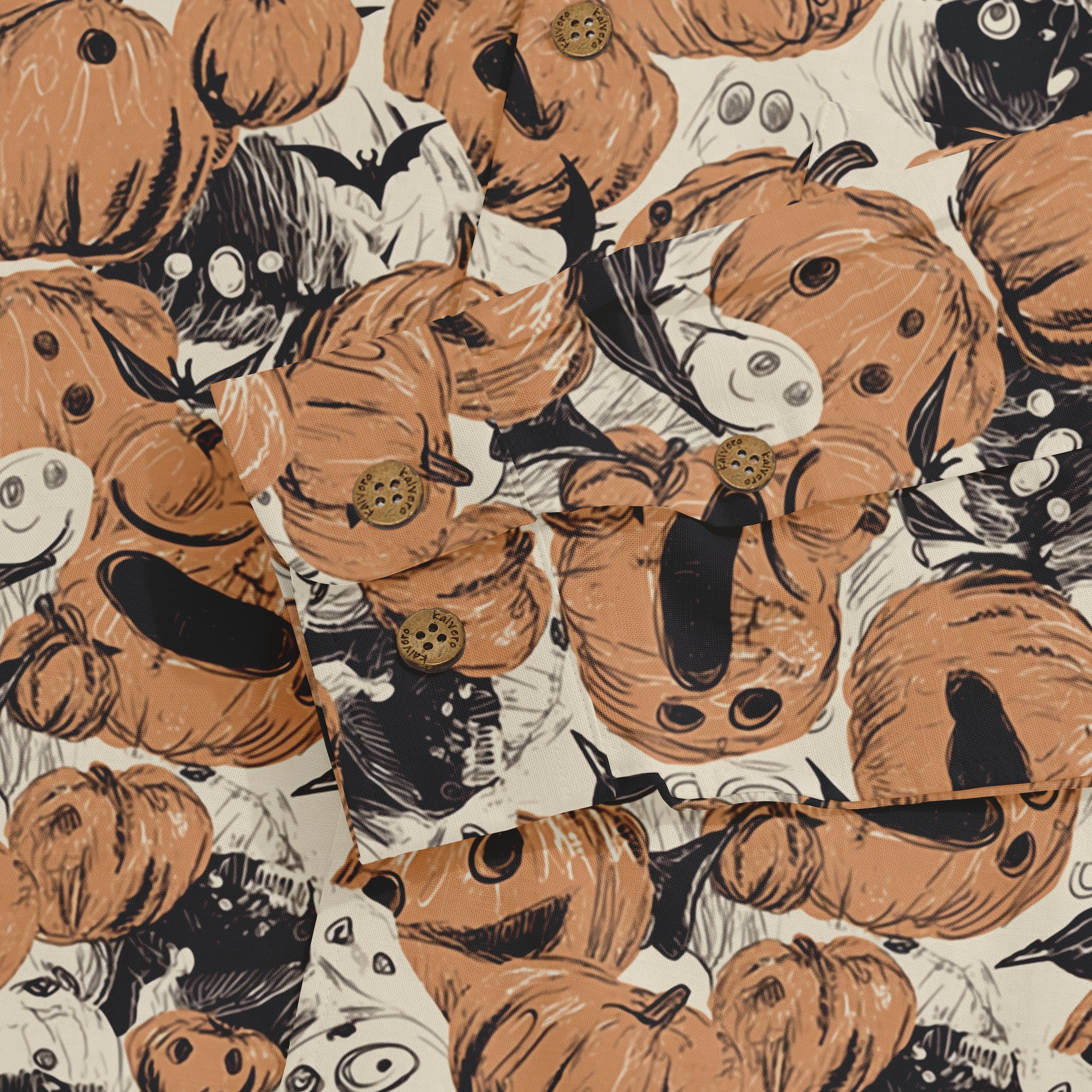 Halloween-themed fabric with pumpkins, bats, and ghosts in orange.